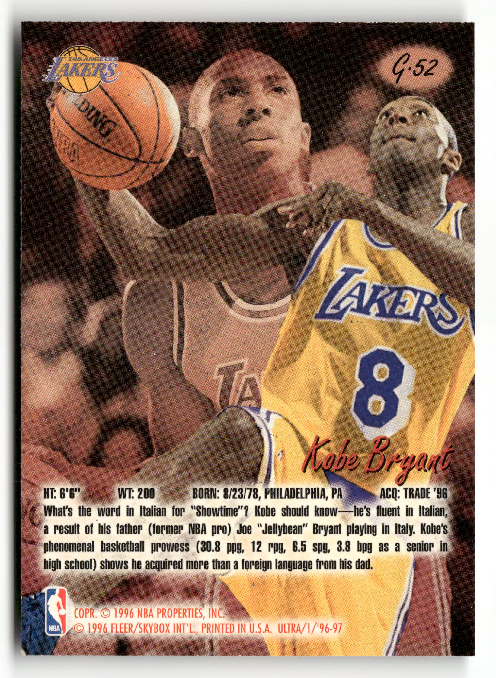 1996-97 Ultra #G-52 Kobe Bryant Rookie Gold Medallion - Image 2