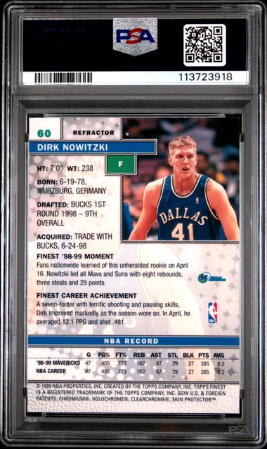 1999 Finest #60 Dirk Nowitzki Refractor w/Coating PSA 8 - Image 2