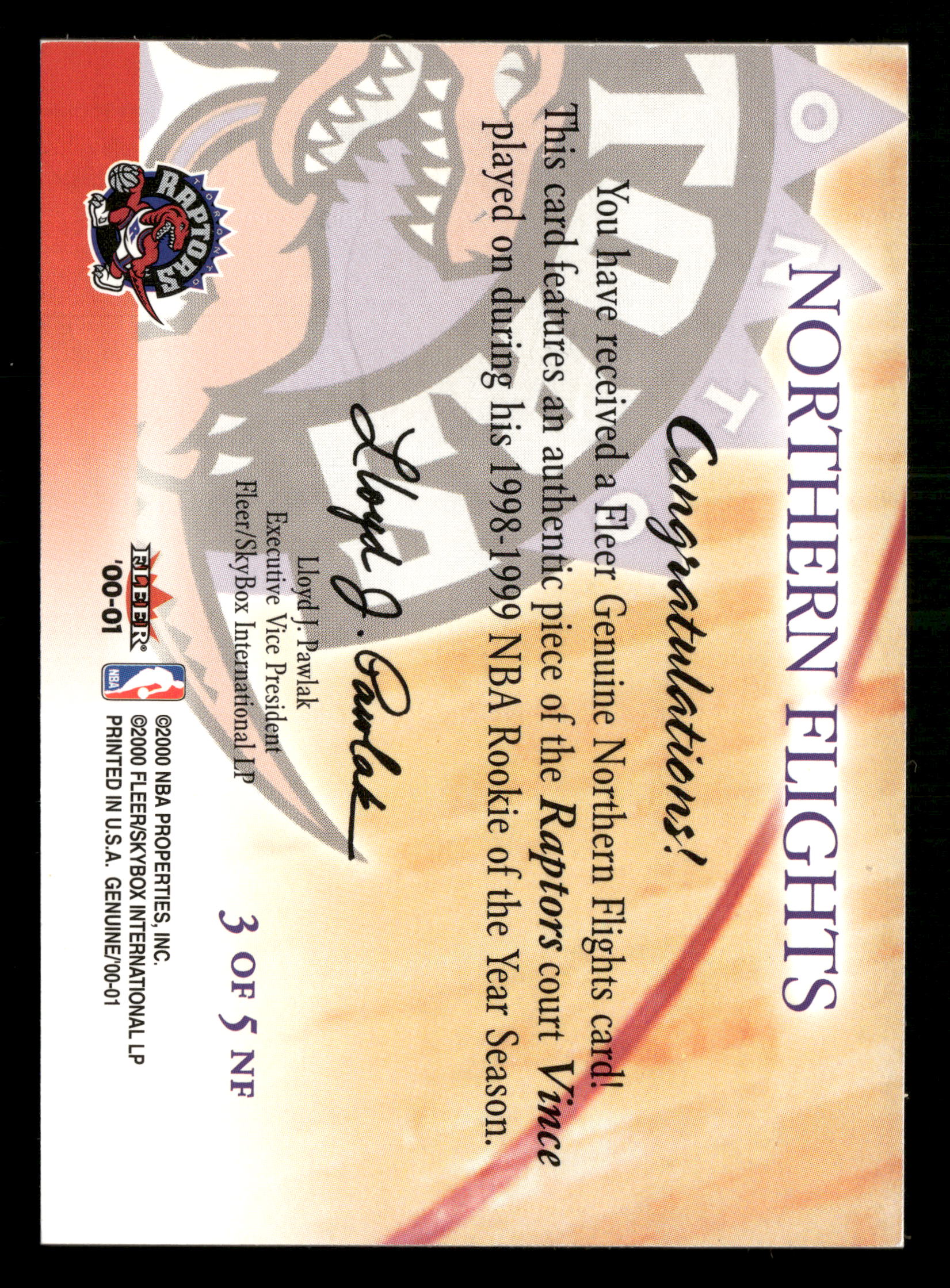 2000-01 Fleer Genuine Northern Flights Vince Carter 3 of 5 Game-Used Court Relic - Image 2
