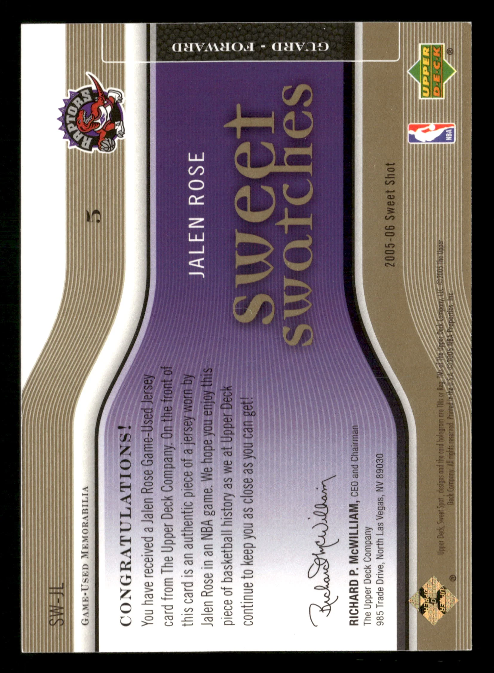2005-06 Upper Deck Sweet Shot #SW-JL Jalen Rose Sweet Swatches Gold #/99 - Image 2