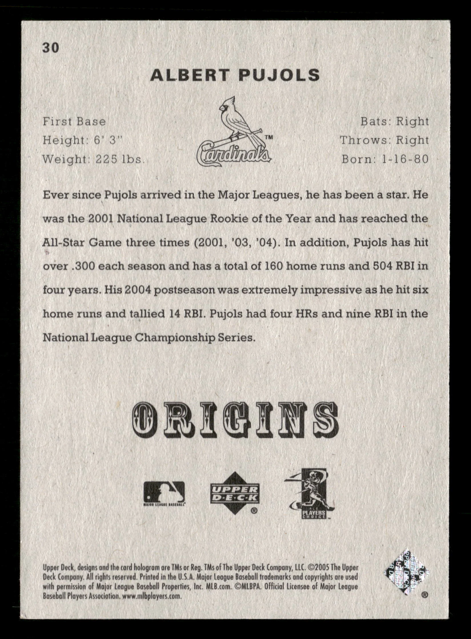 2005 UD Origins #30 Albert Pujols Red #/99 - Image 2