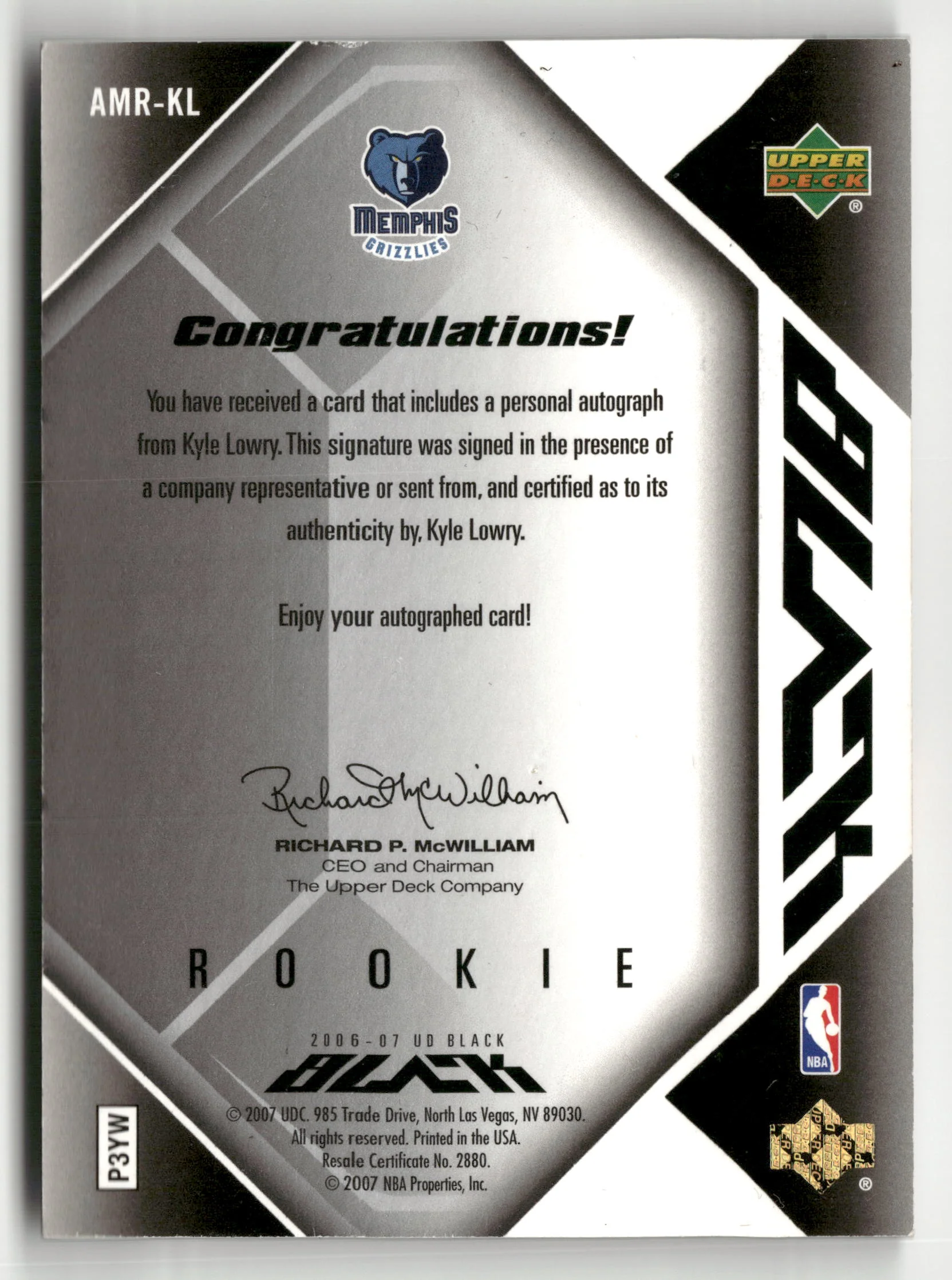 2006-07 UD Black #AMR-KL Kyle Lowry Autographs Rookie Materials #/50 - Image 2