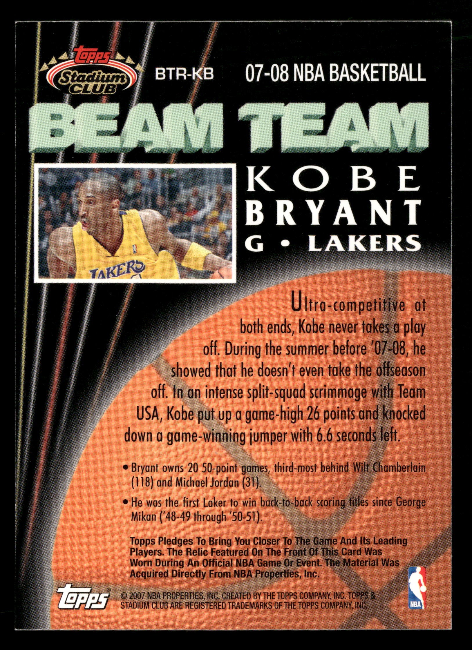 2007-08 Stadium Club #BTR-KB Kobe Bryant Beam Team Relics - Image 2
