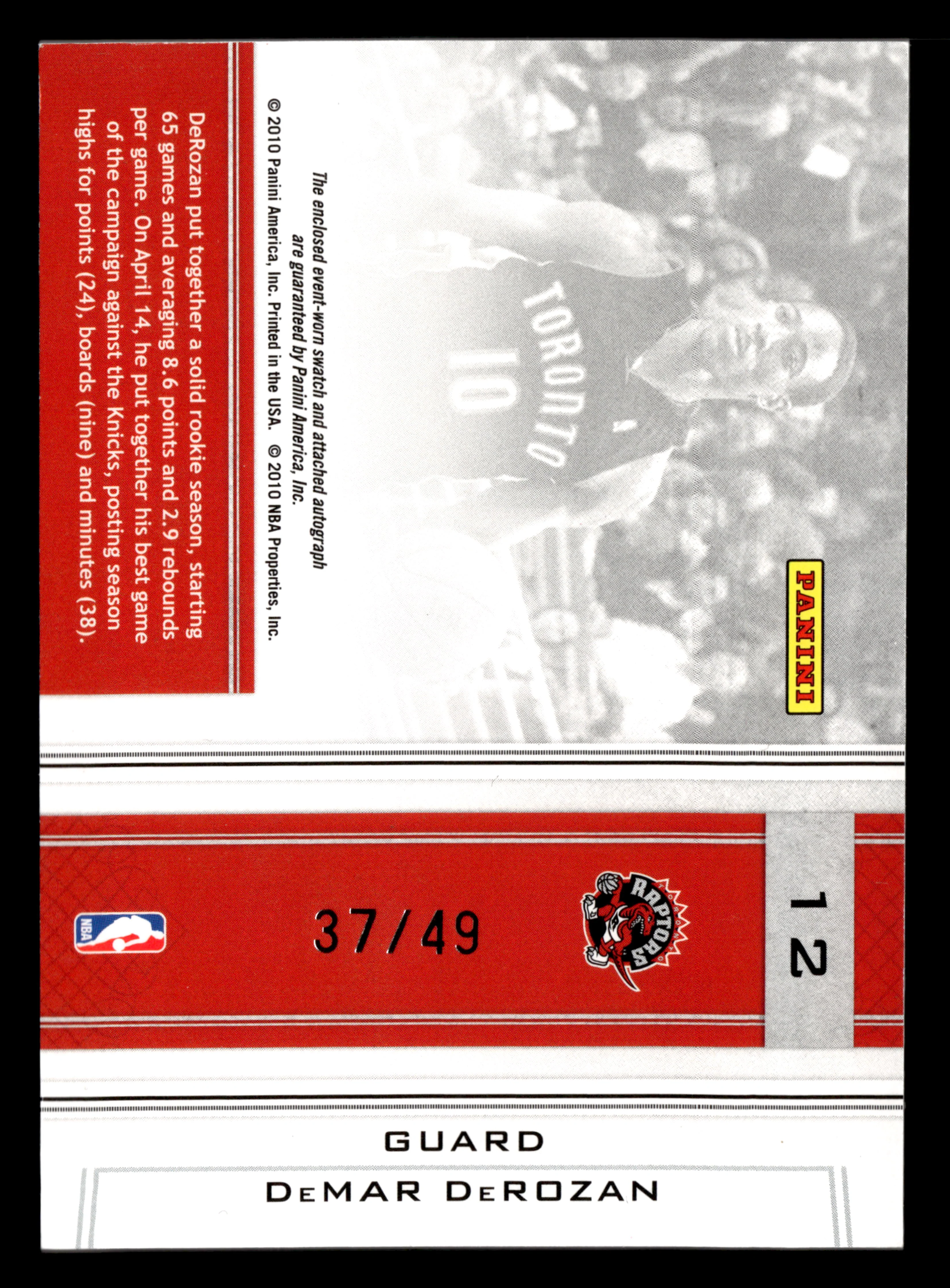 2010 National Treasures #12 DeMar DeRozan Colossal Materials Signatures /49 - Image 2