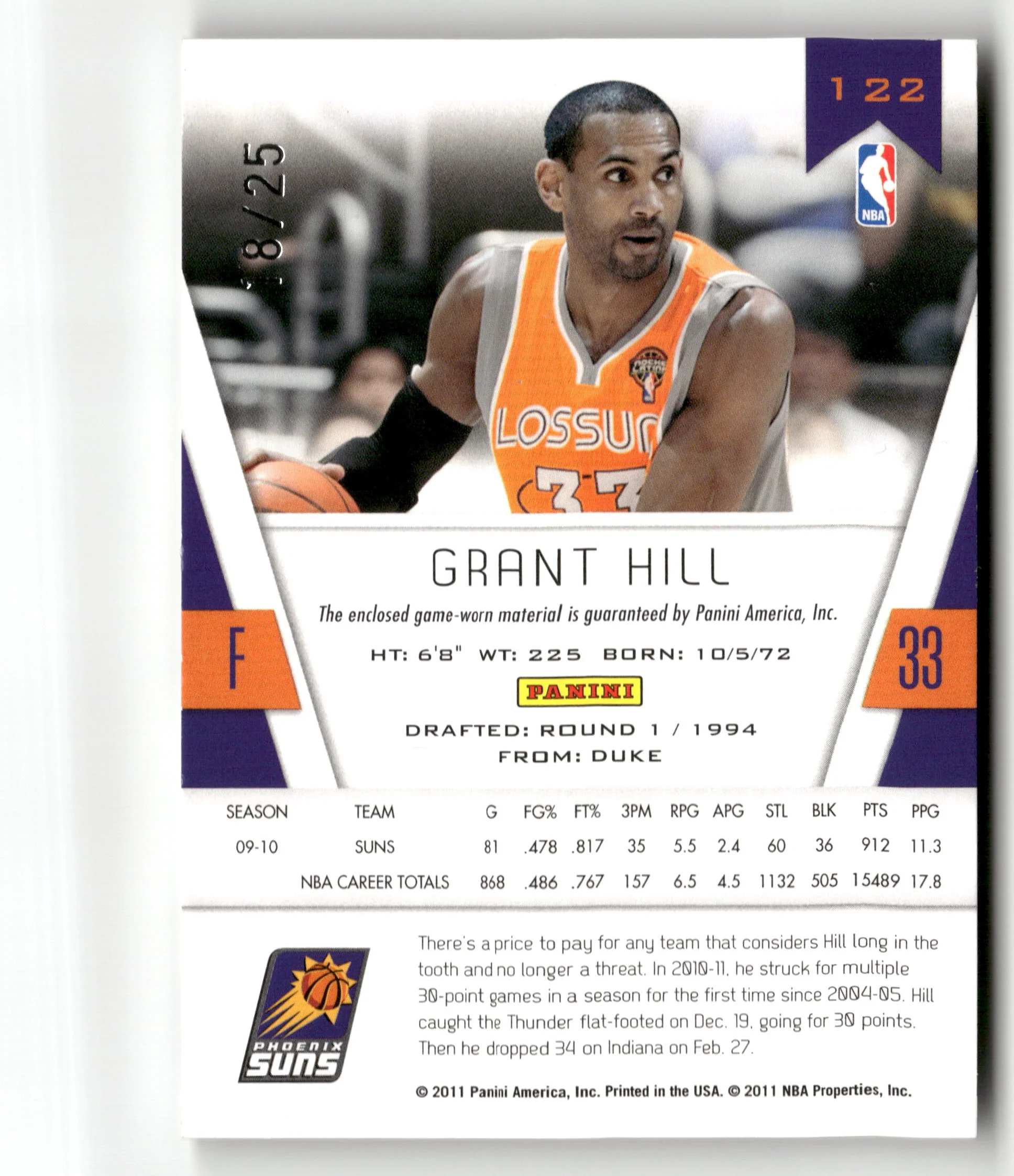 2011 Panini Totally Certified #122 Grant Hill Patch /25 (Game Worn) - Image 2