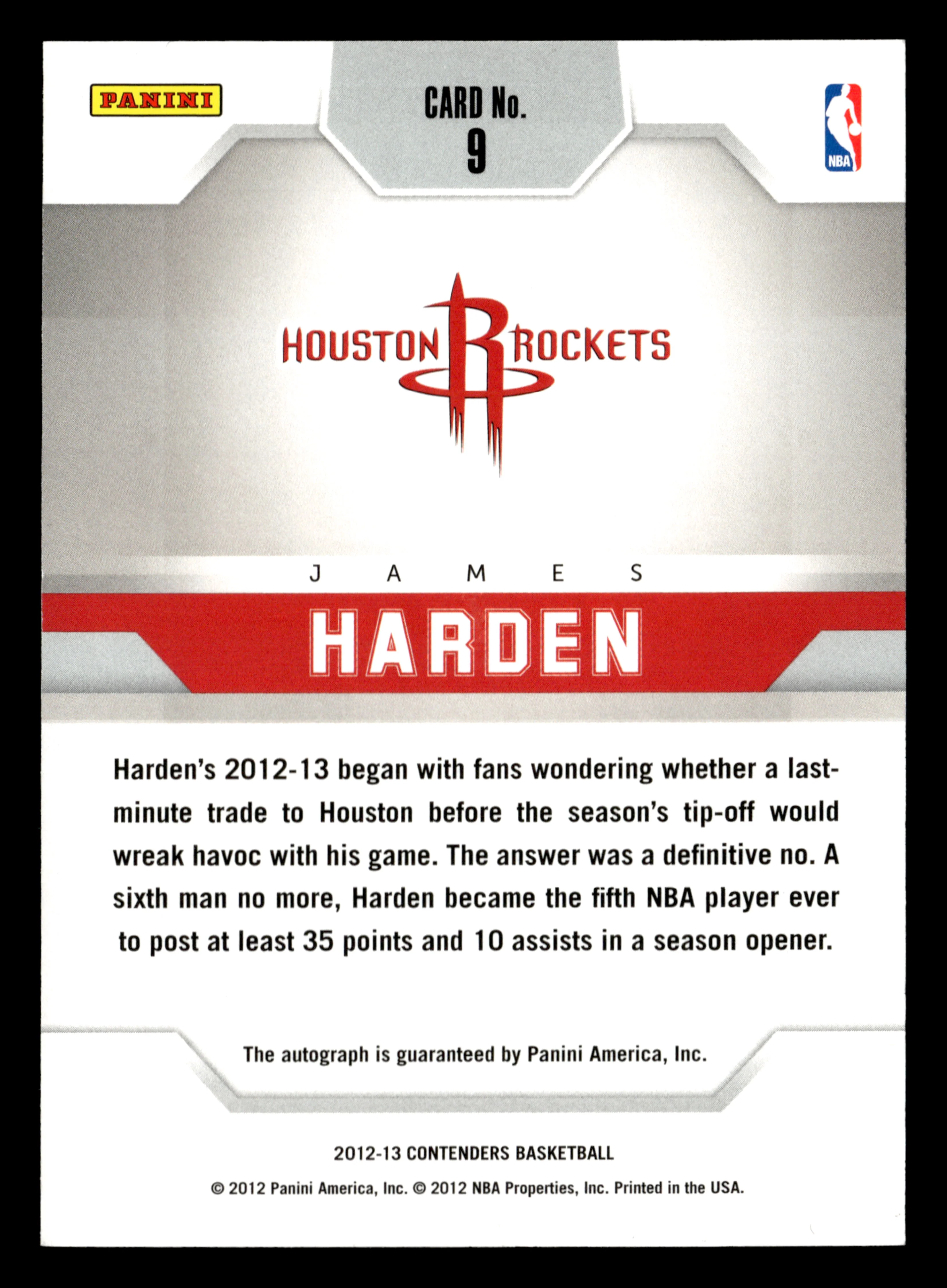 2012-13 Panini Contenders #9 James Harden Contemporary Contenders Auto /49 - Image 2