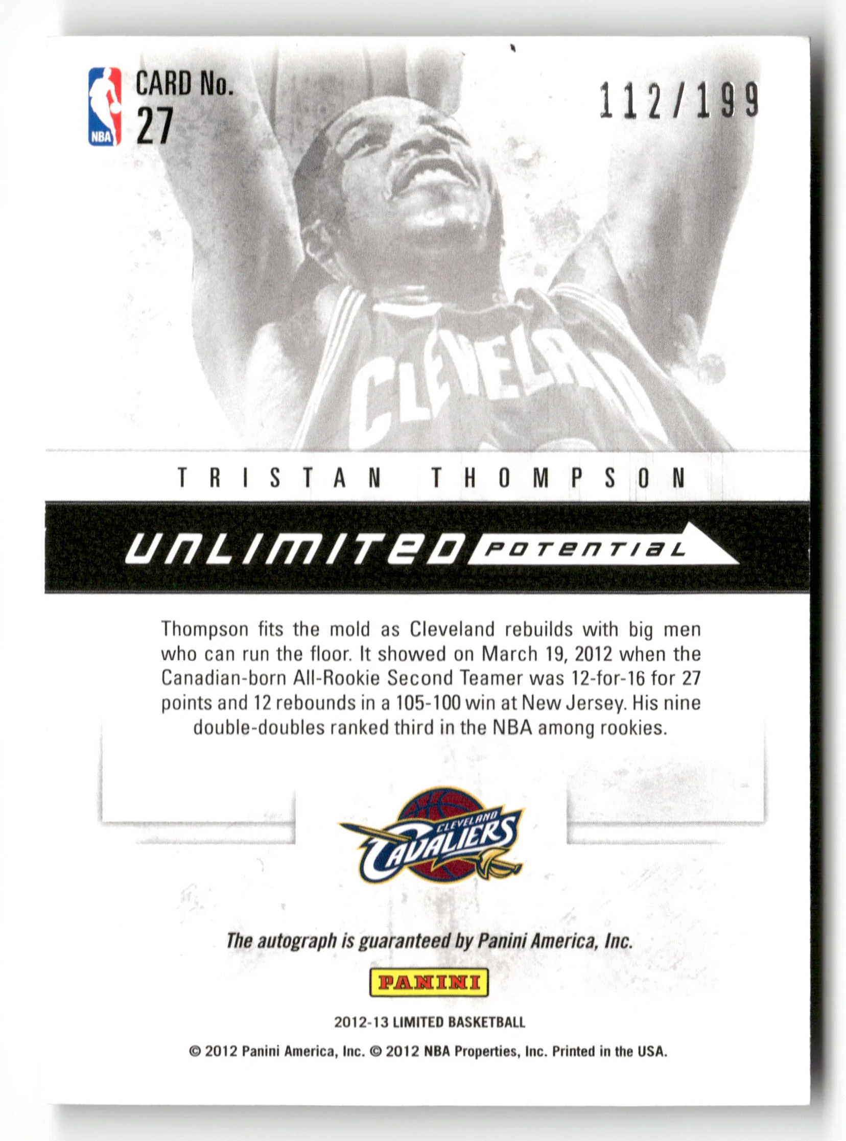 2012-13 Panini Limited #27 Tristan Thompson Unlimited Potential Signatures #/199 - Image 2