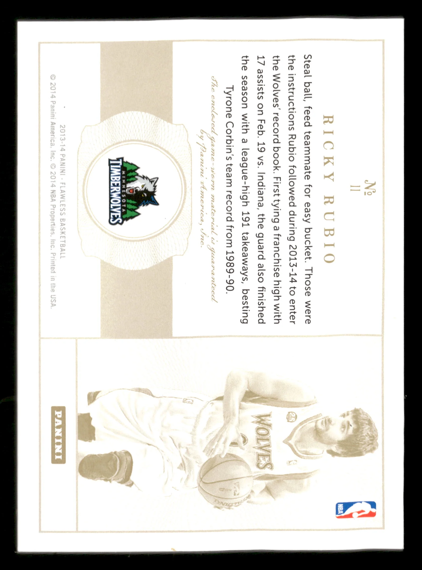 2013-14 PANINI FLAWLESS #11 Ricky Rubio GAME-USED PATCH 14/20 - Image 2