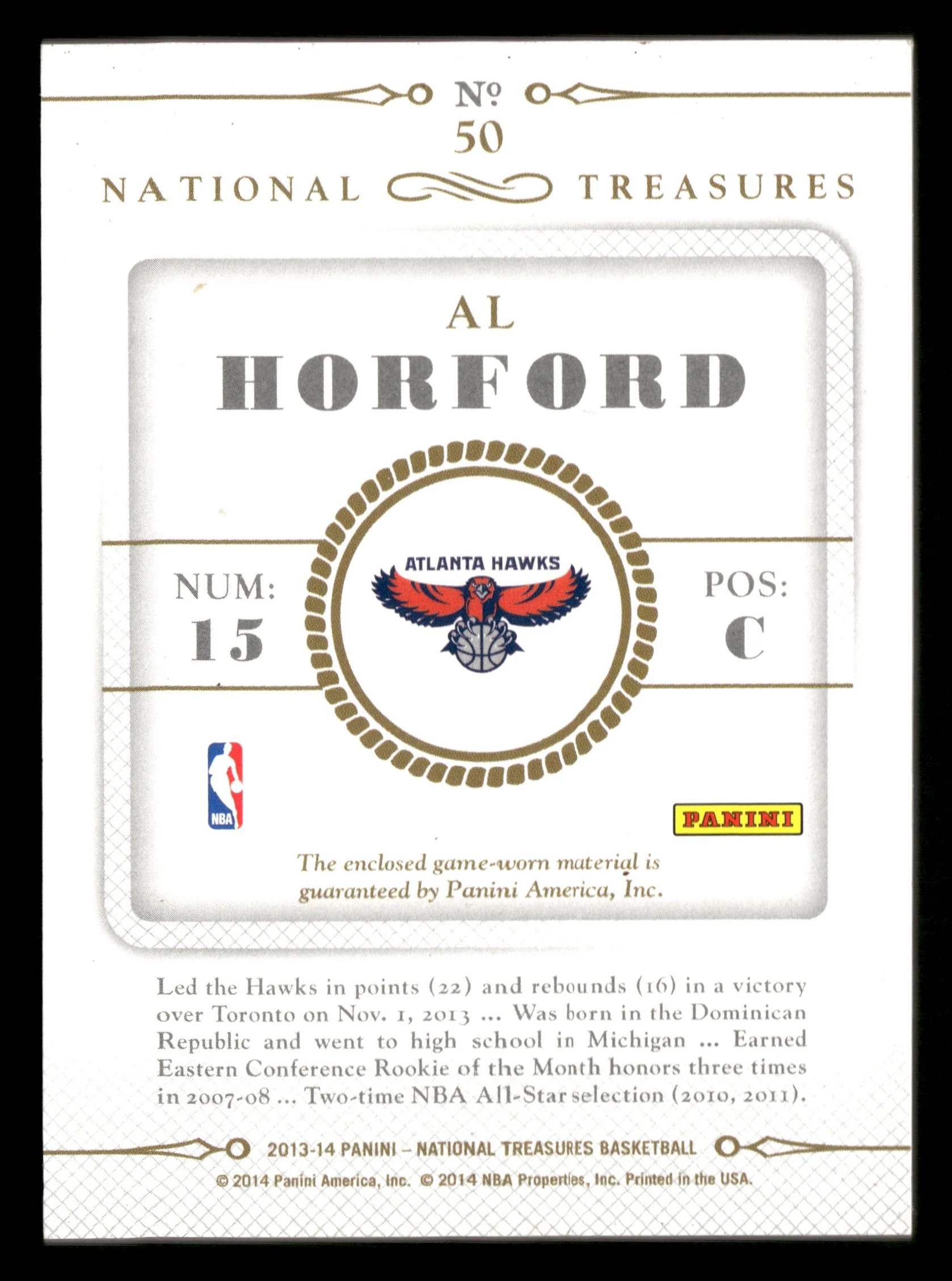 2013-14 Panini National Treasures #50 Al Horford NBA Materials #/99 - Image 2