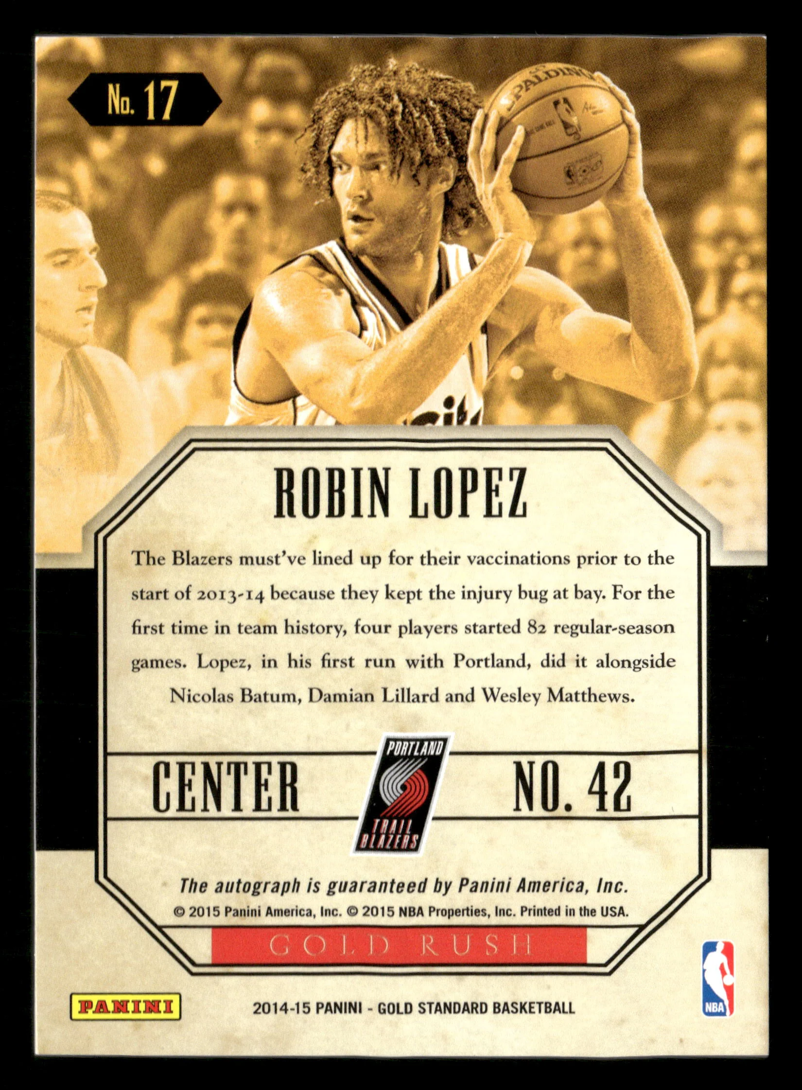 2014-15 Panini Gold Standard #17 Robin Lopez Gold Rush Autographs #/199 - Image 2