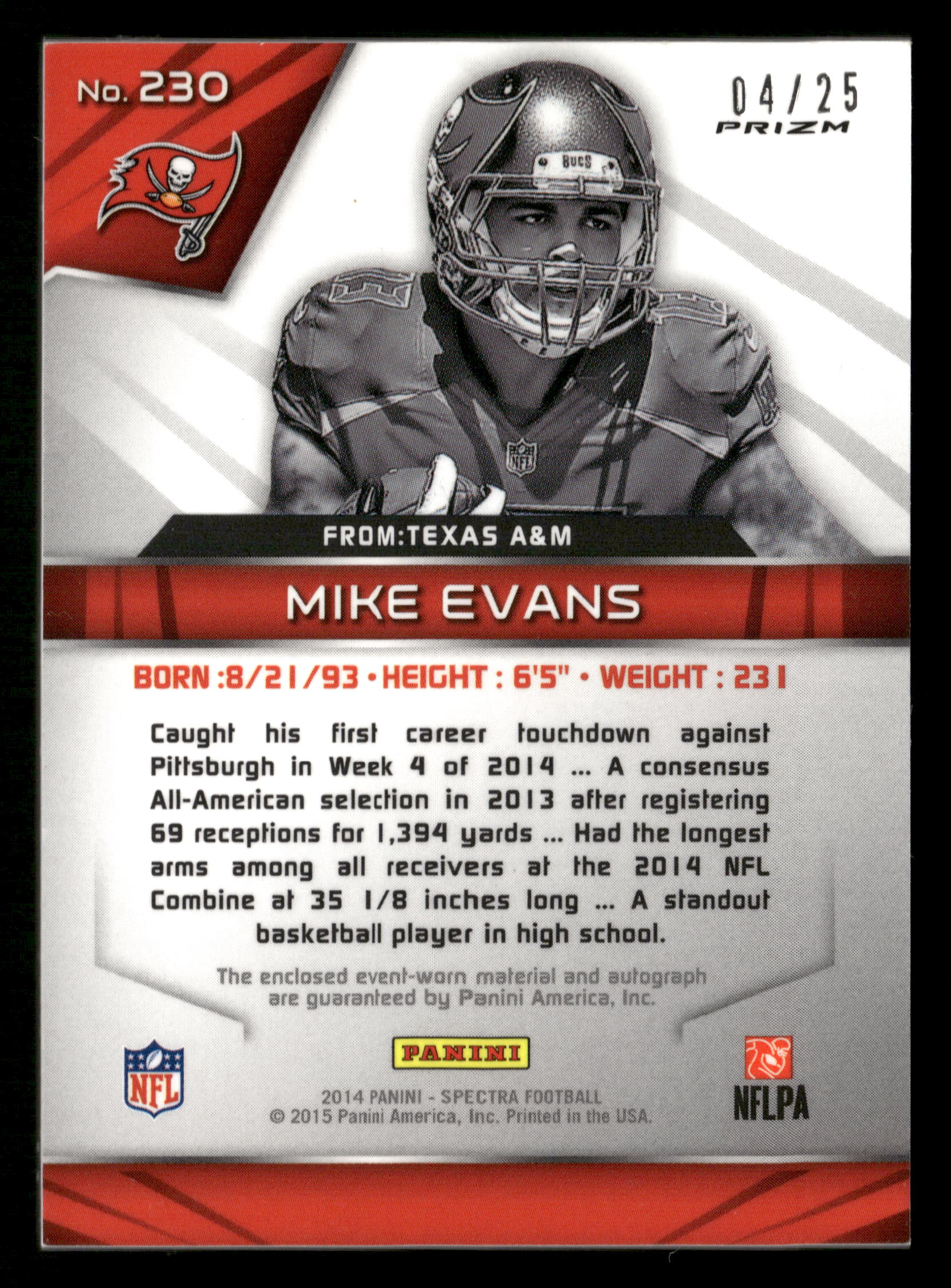 2014 Panini Spectra #230 Mike Evans Prizms Gold #/25 Patch Autograph - Image 2