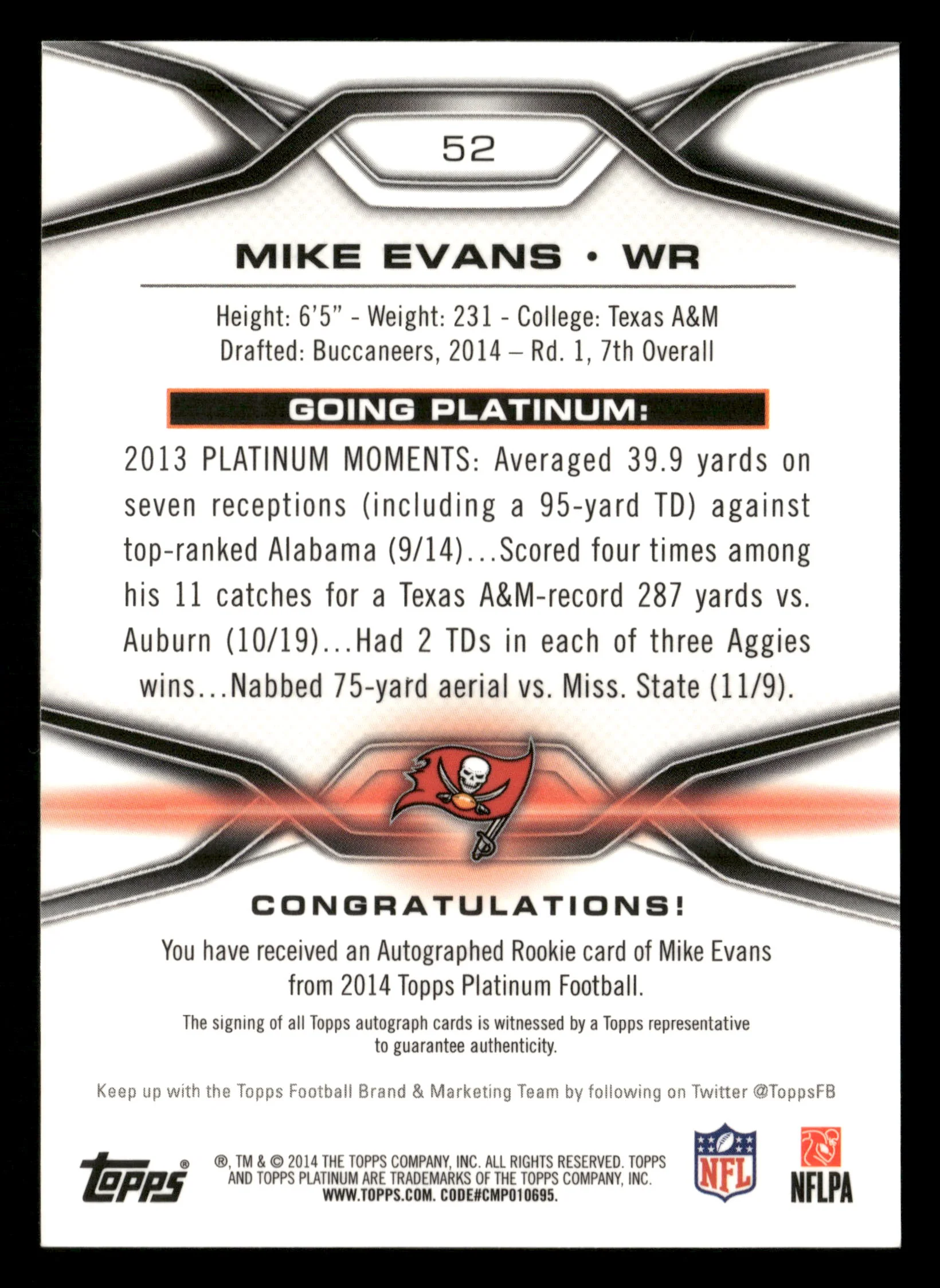 2014 Topps Platinum #52 Mike Evans Autographs Blue Refractors #/99 - Image 2