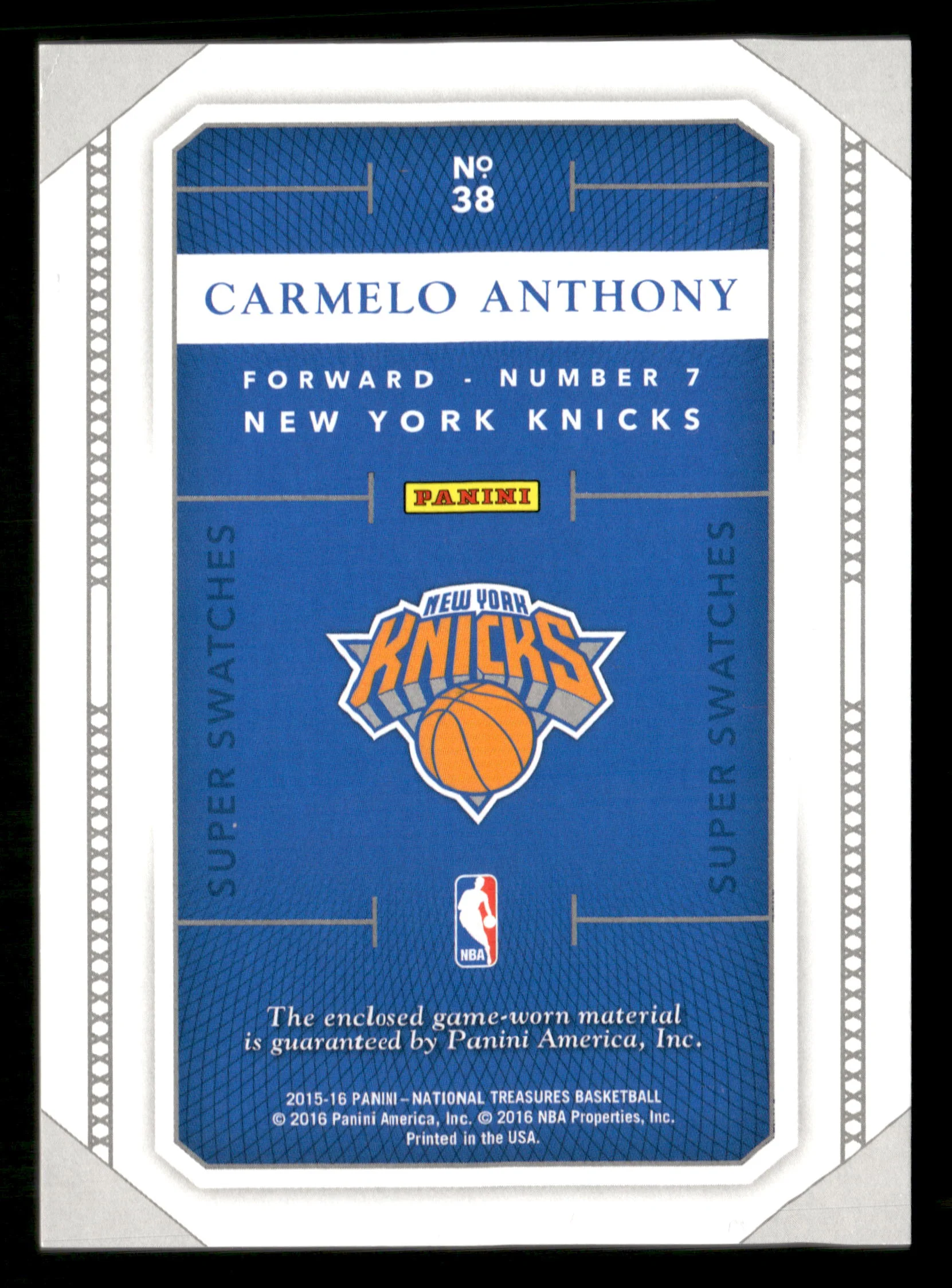 2015-16 National Treasures Carmelo Anthony Super Swatches #38 Game Worn /99 - Image 2