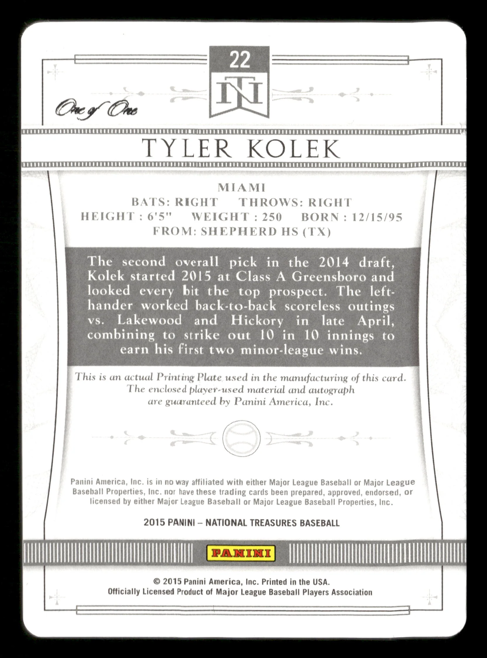 2015 National Treasures #22 Tyler Kolek Prospect Auto Printing Plate Cyan 1/1 - Image 2