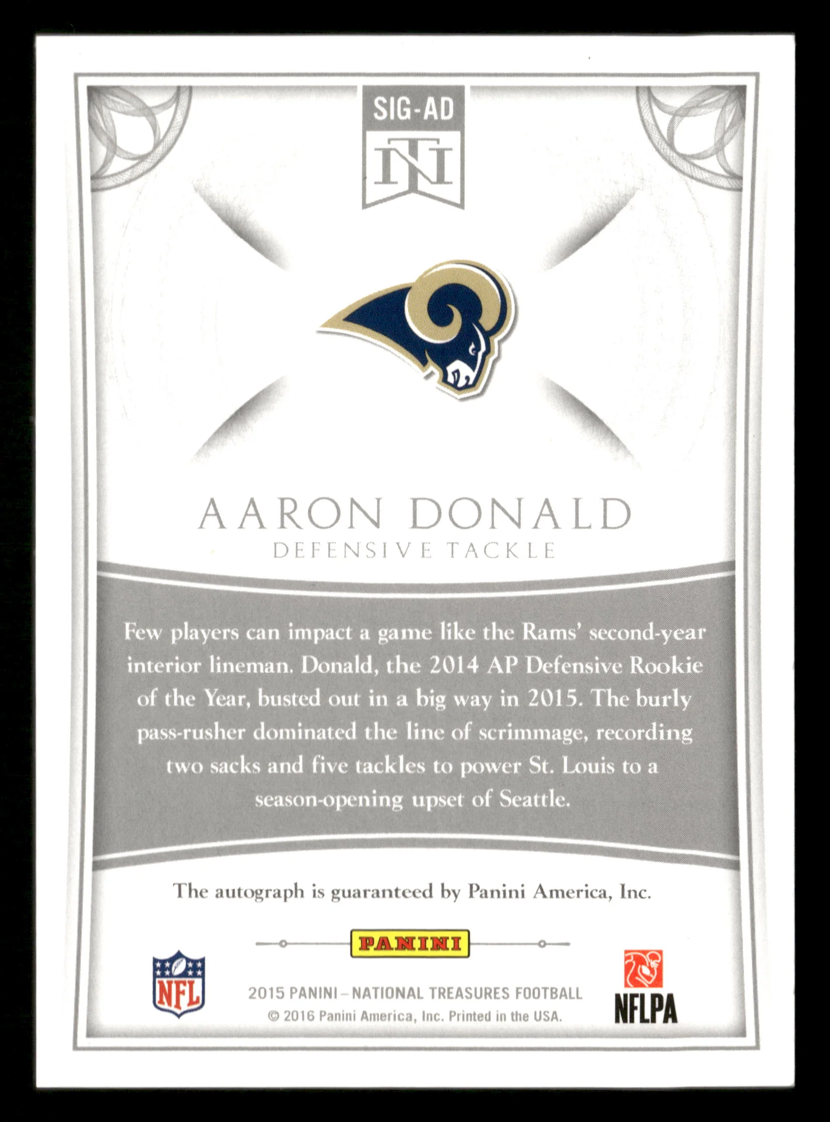 2015 Panini National Treasures #SIG-AD Aaron Donald Signatures #/99 - Image 2