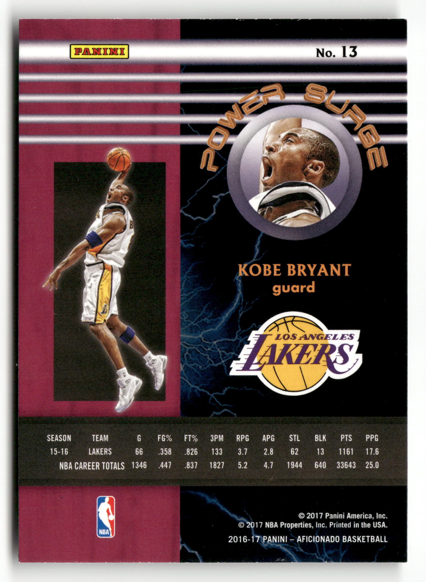 2016-17 Panini Aficionado #13 Kobe Bryant Power Surge - Image 2