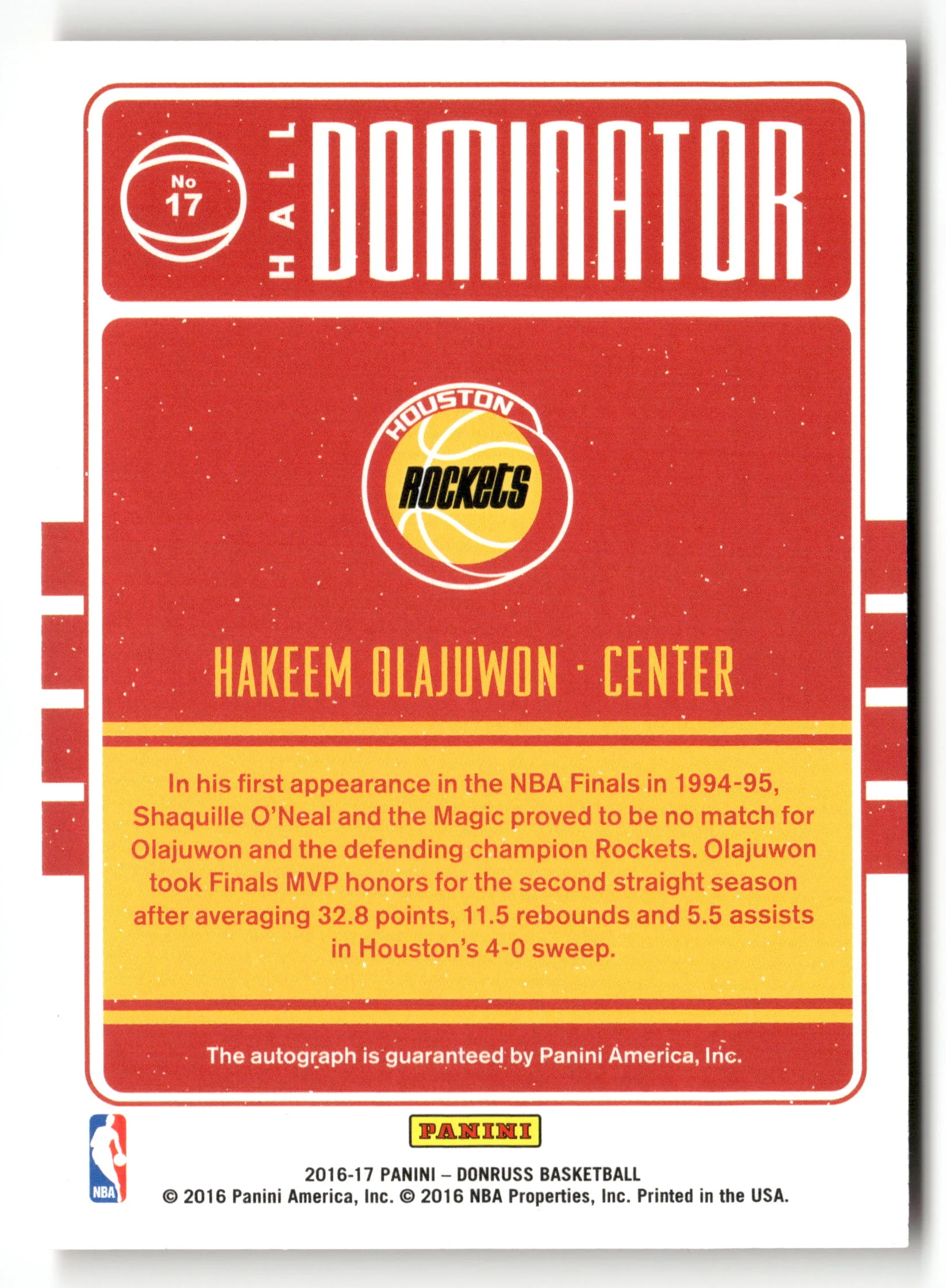 2016/17 Panini Donruss No.17 Hakeem Olajuwon Hall Dominator Auto /25 - Image 2