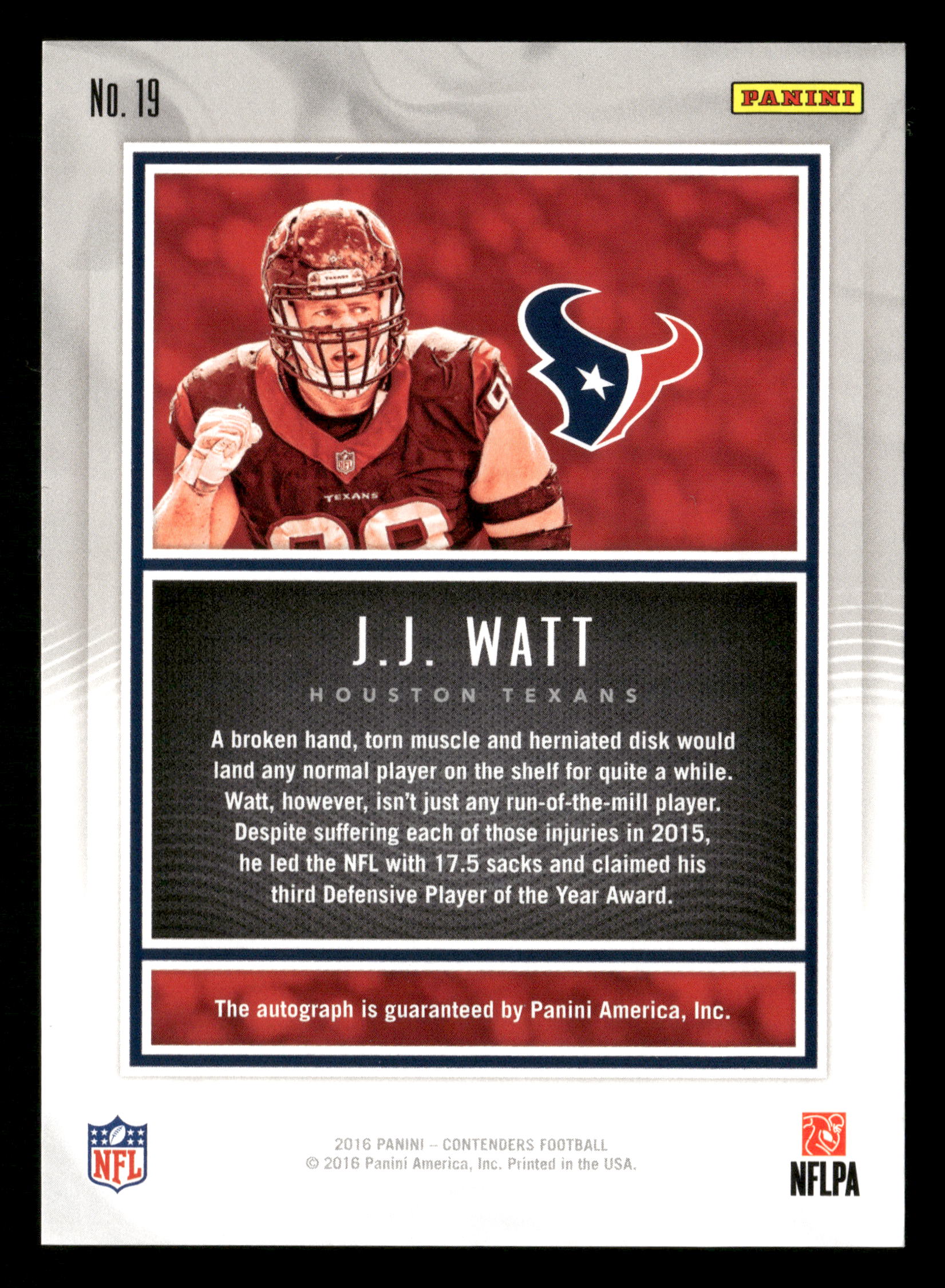 2016 Panini Contenders #19 J.J. Watt MVP Contenders Autographs #/25 - Image 2