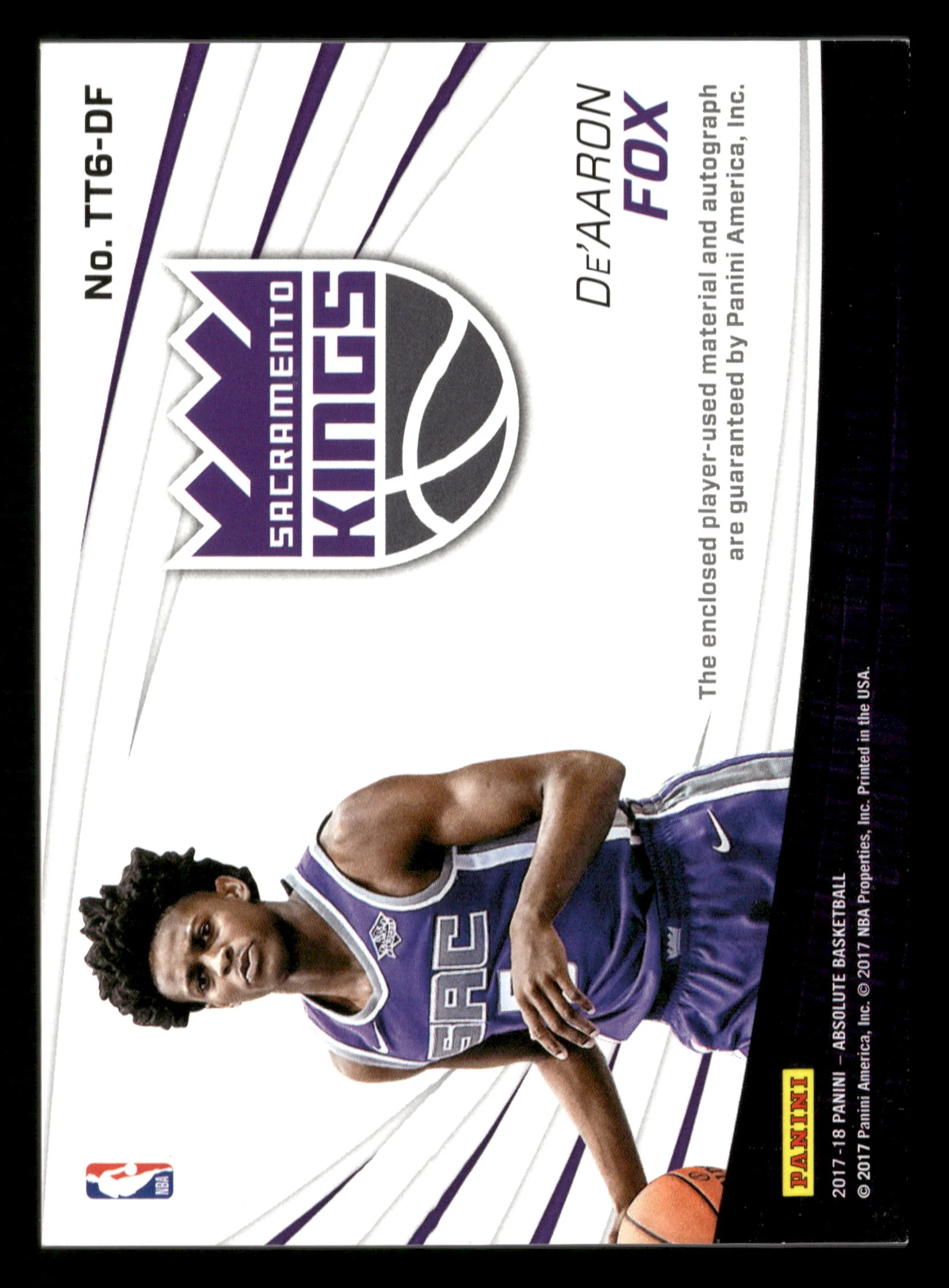 2017-18 Absolute #TT6-DF De'Aaron Fox Tools of the Trade Six Swatch Auto #/75 - Image 4