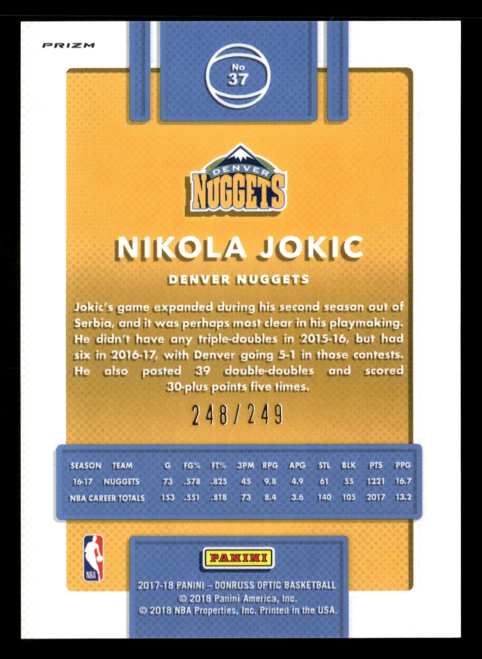 2017-18 Donruss Optic #37 Nikola Jokic Premium Box Set #/249 - Image 2