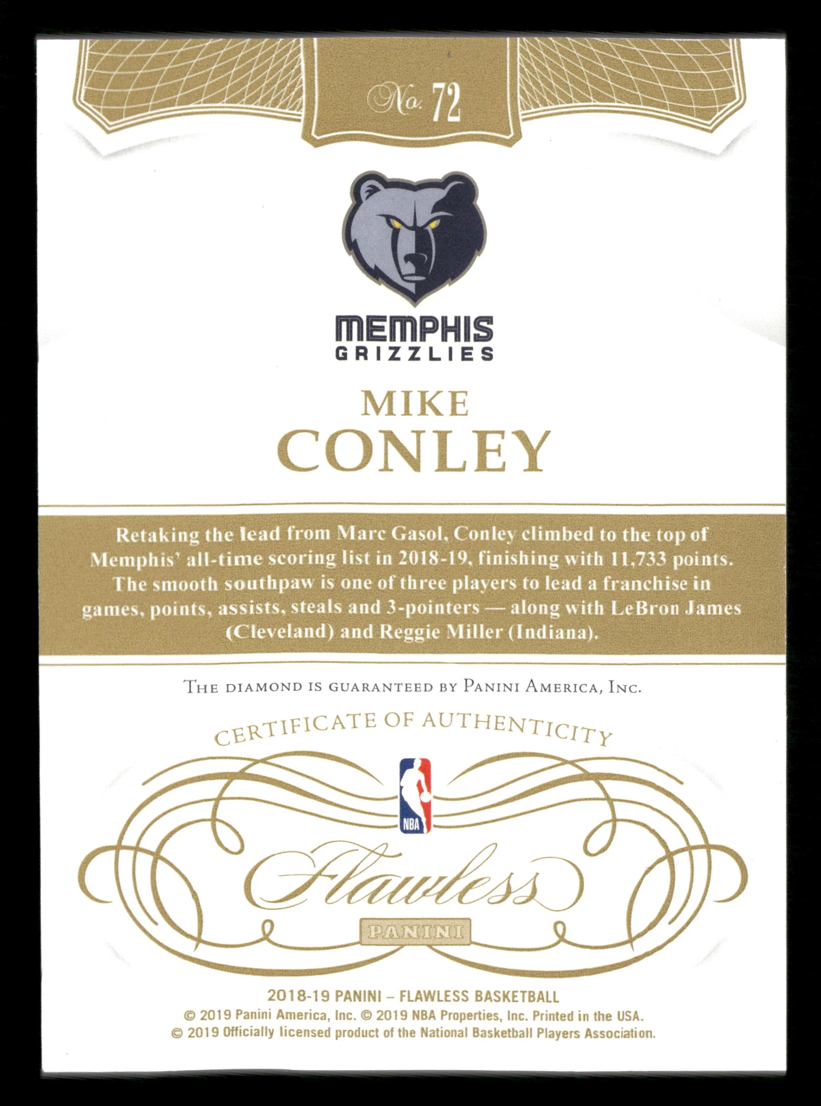 2018-19 Flawless #72 Mike Conley Silver Diamond /20 - Image 2