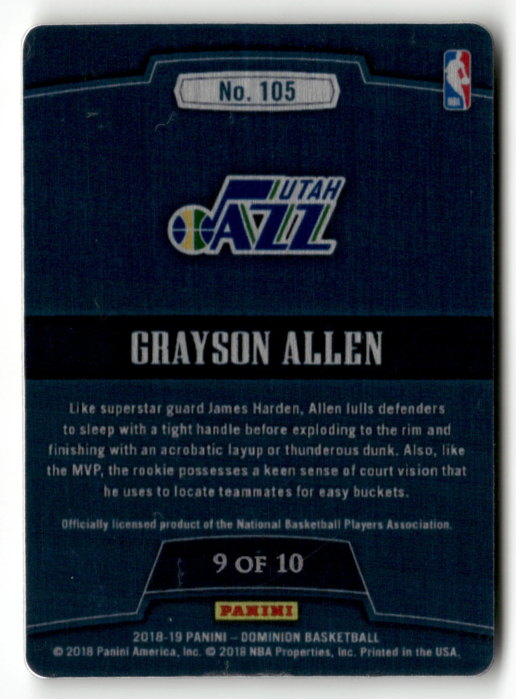 2018-19 Panini Dominion #105 Grayson Allen RC Gold #/10 - Image 2