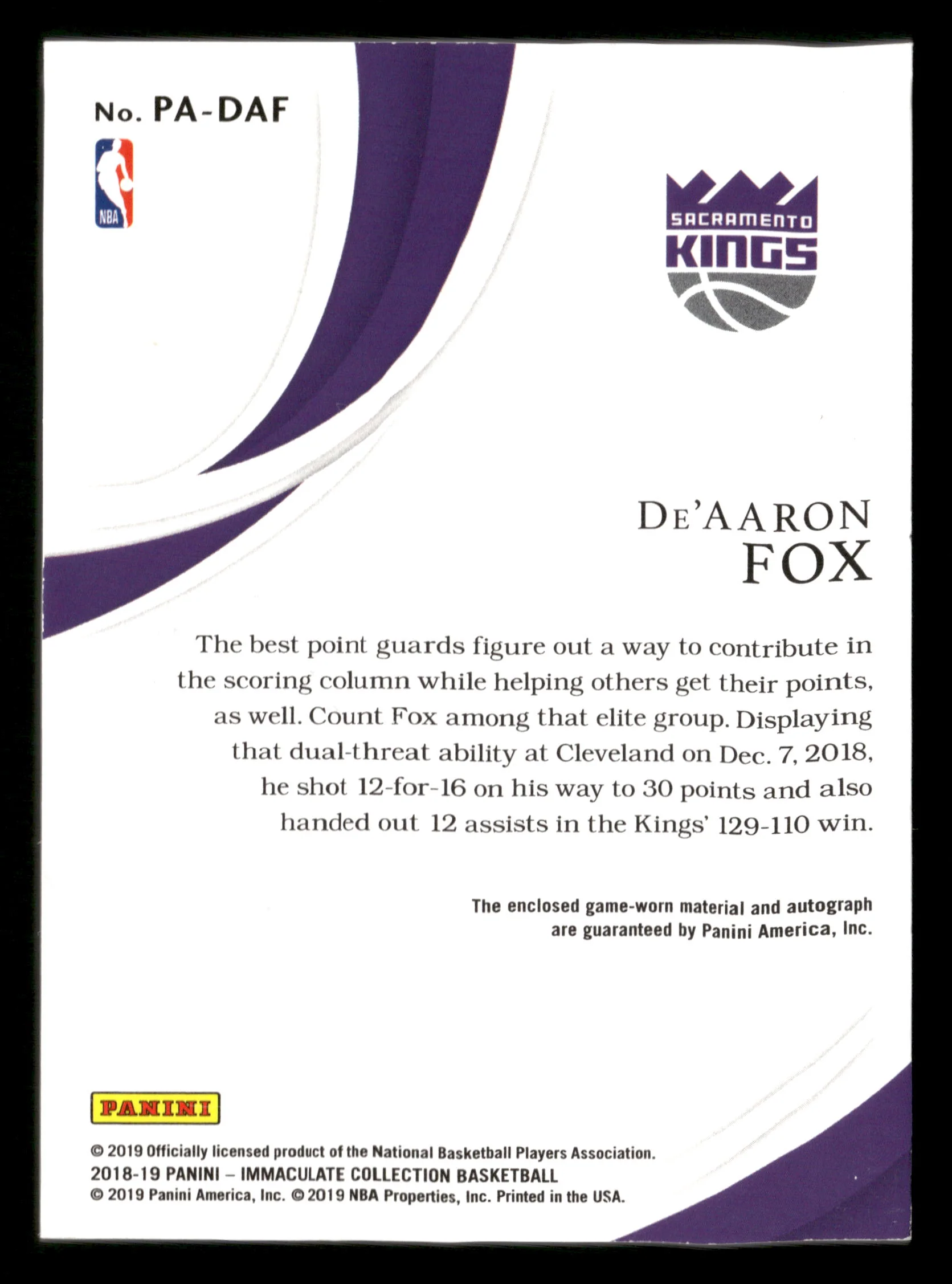 2018-19 Panini Immaculate Collection #PA-DAF De'Aaron Fox Patch Autographs #/35 - Image 2
