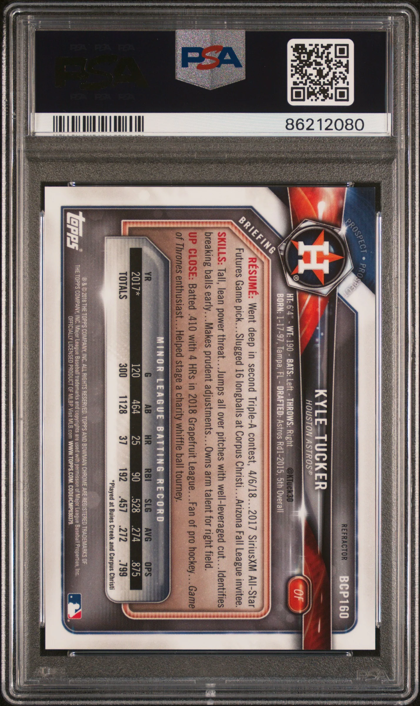 2018 Bowman Chrome Prospects #BCP160 Kyle Tucker Prospects-Refractor PSA 10 - Image 2