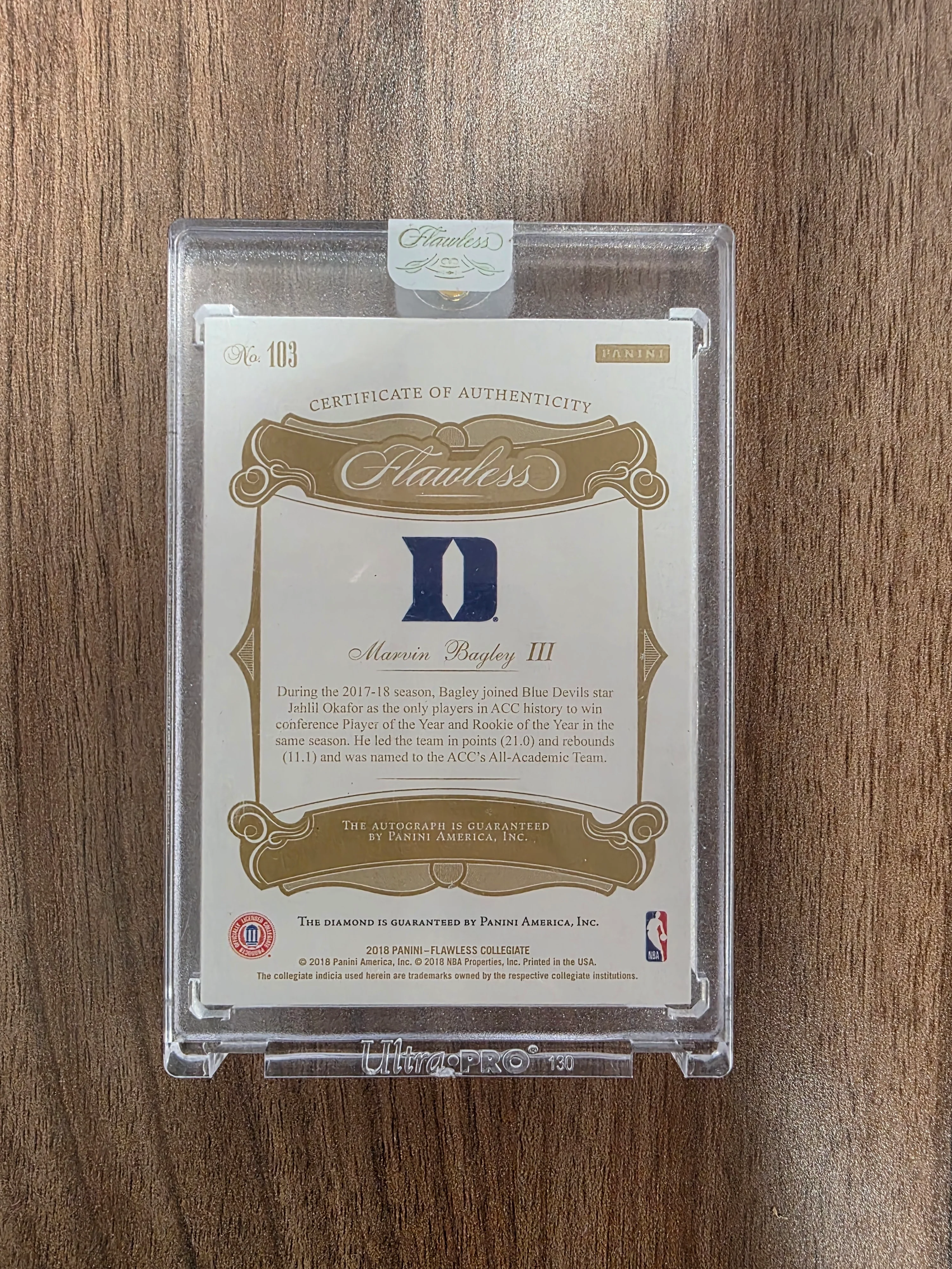 2018 Panini Flawless Collegiate No.103 Marvin Bagley III Diamond Auto /25 - Image 2