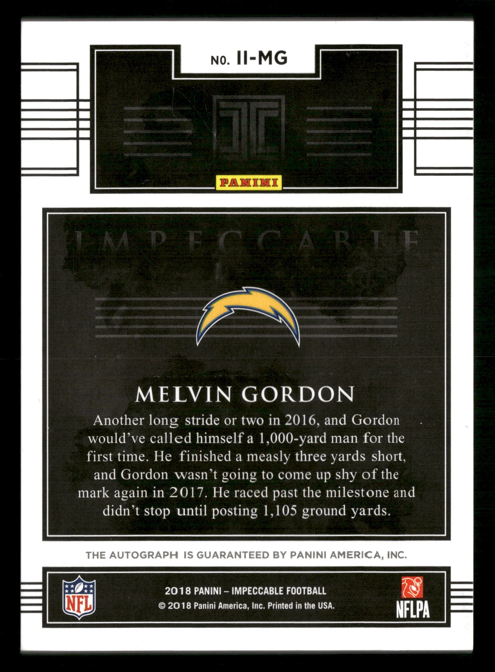 2018 Panini Impeccable #II-MG Melvin Gordon Indelible Ink Silver #/10 - Image 2