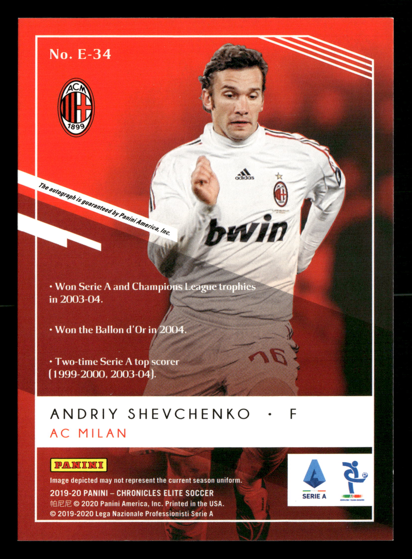 2019-20 Panini Chronicles #E-34 Andriy Shevchenko Elite Autographs - Image 2