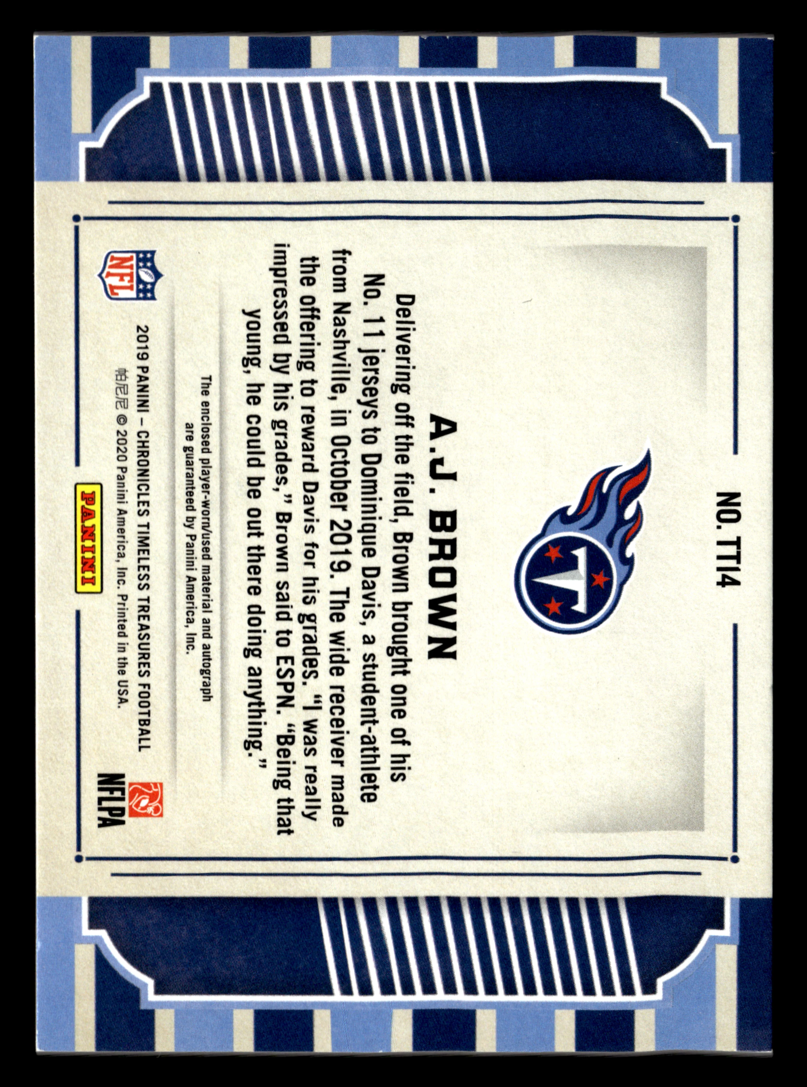 2019 Panini Chronicles #TT14 A.J. Brown Timeless Treasures Jersey Auto #/25 - Image 2