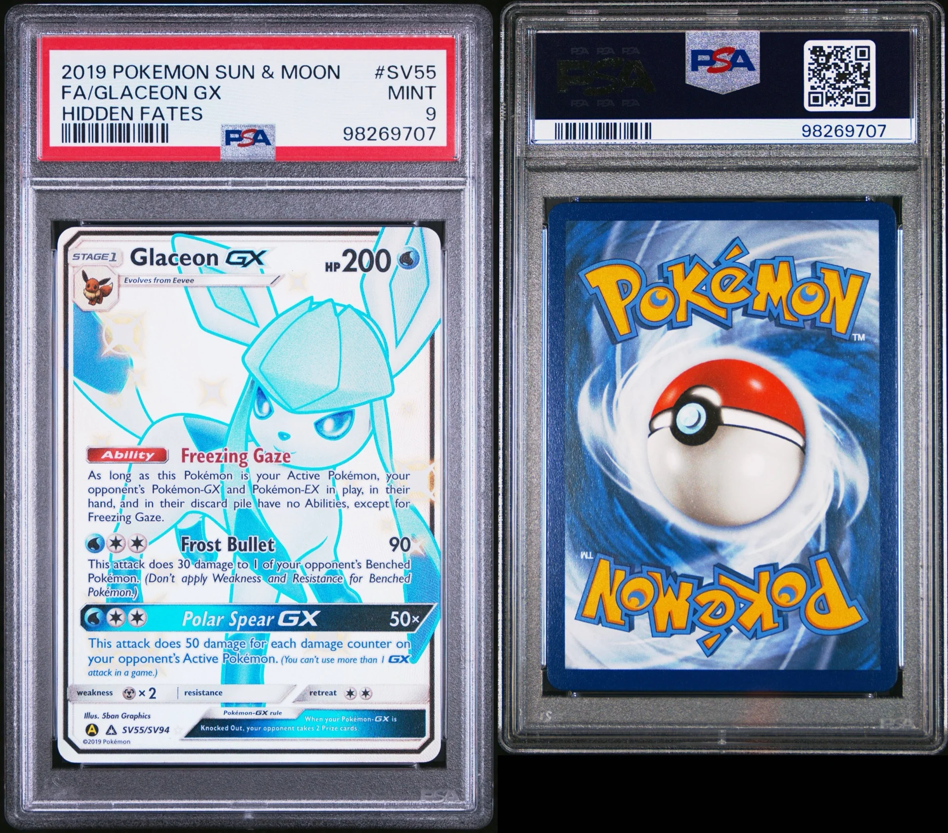 2019 Pokemon Hidden Fates SV55/SV94 Glaceon Gx PSA 9 - Image 3
