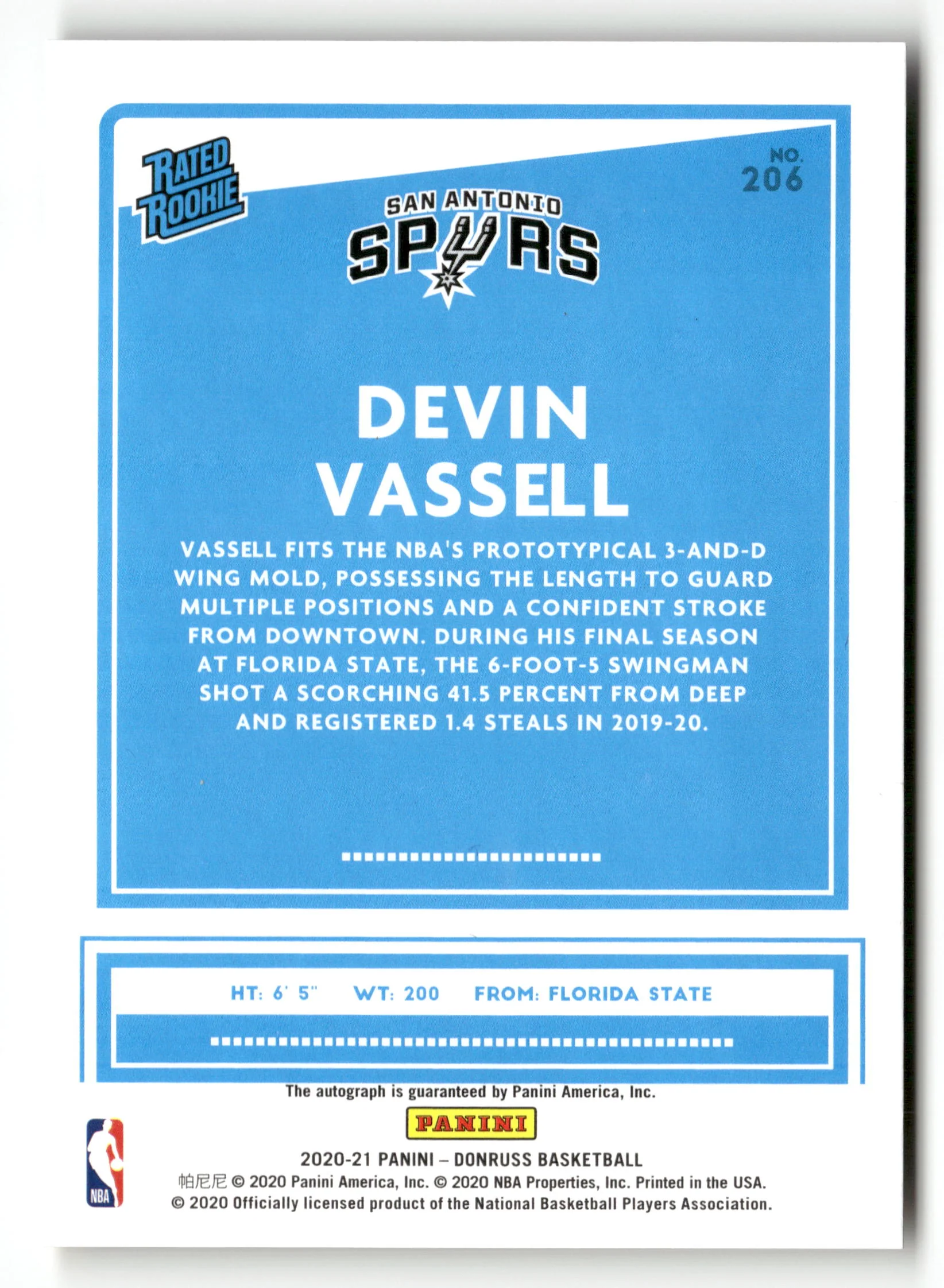 2020-21 Donruss #206 Devin Vassell Rated Rookies Auto Choice Black Gold #/8 - Image 2