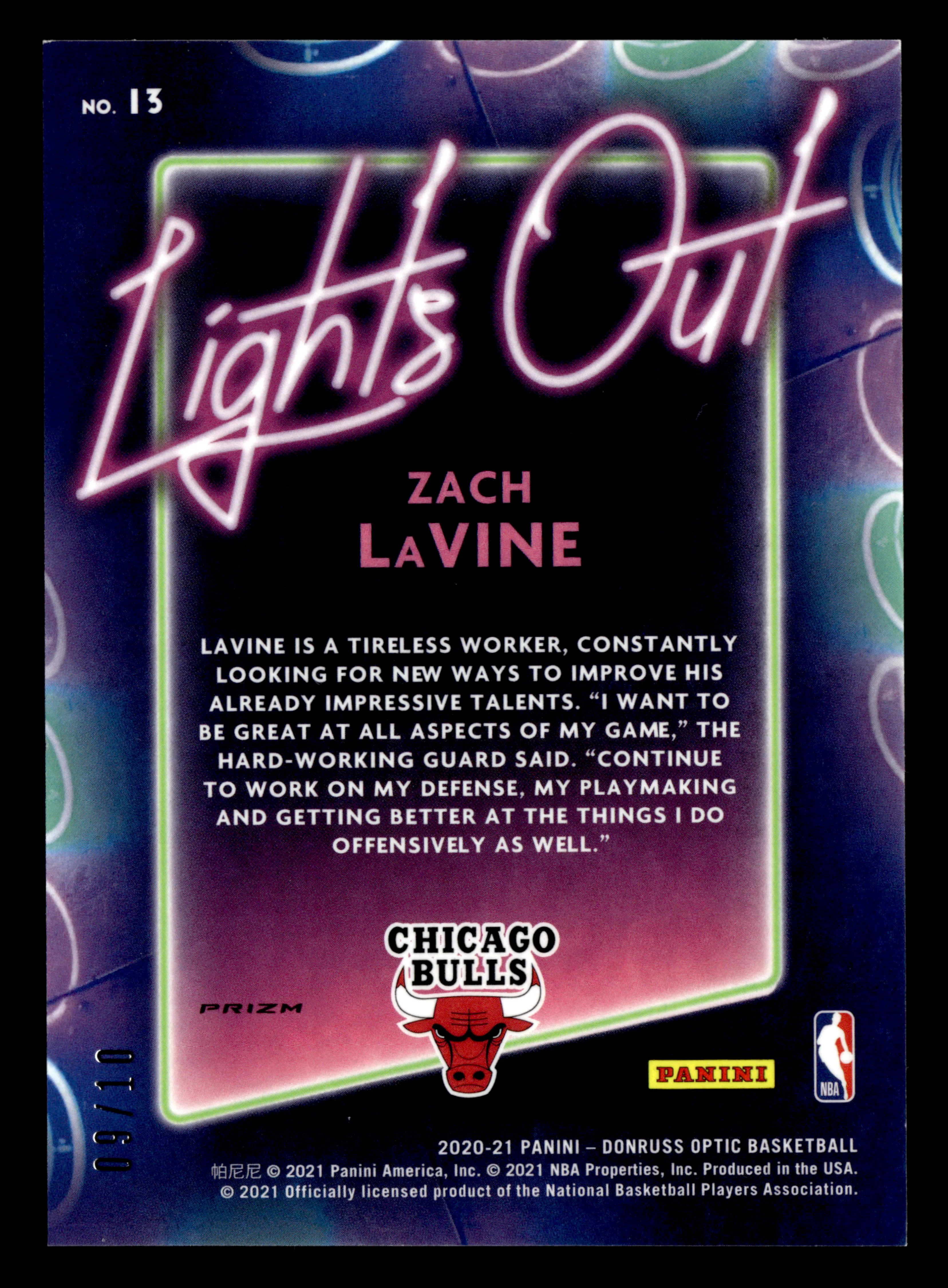 2020/21 Optic Lights Out #13 Zach Lavine Gold /10 - Image 2