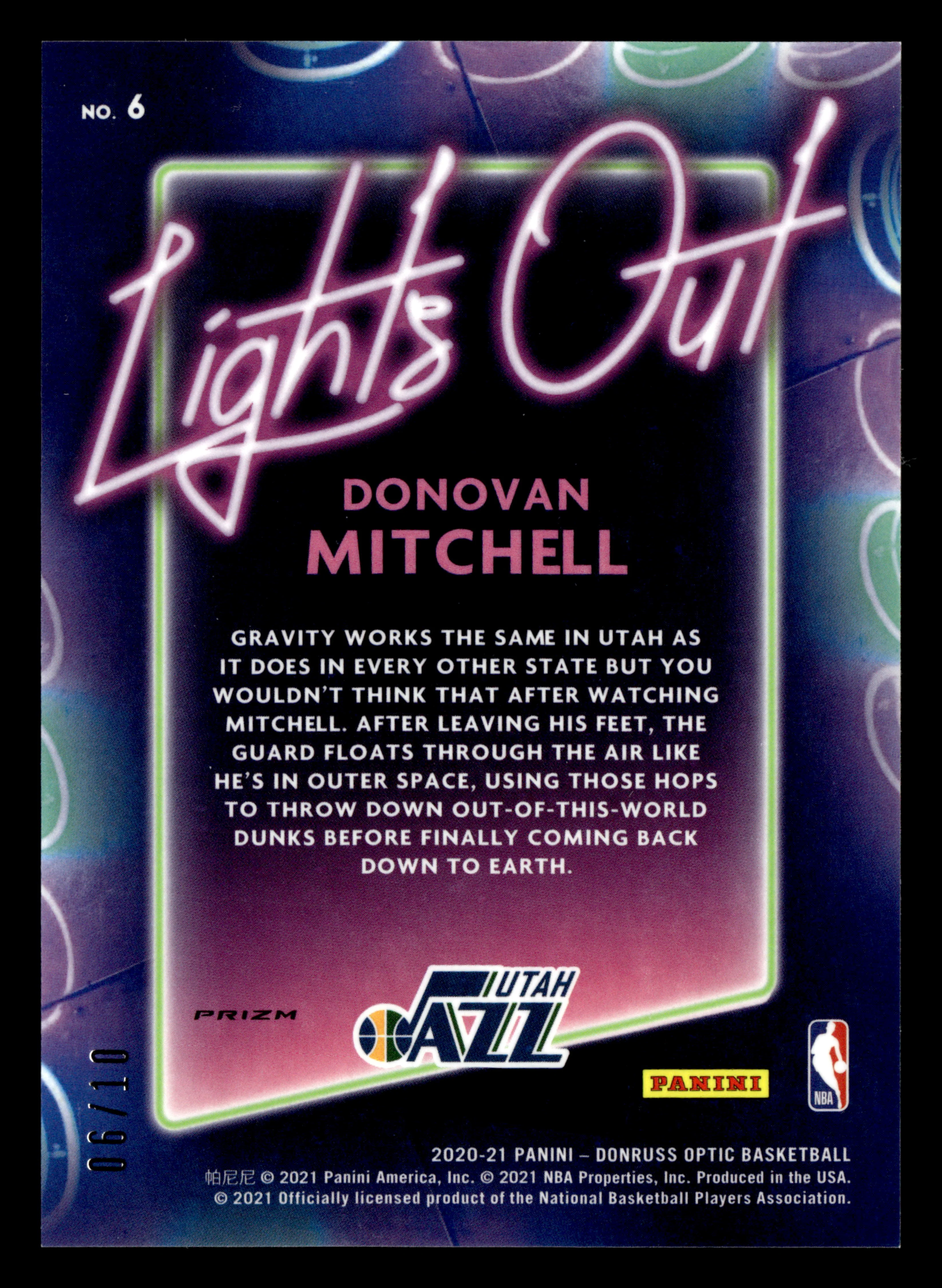 2020/21 Optic Lights Out #6 Donovan Mitchell Gold /10 - Image 2