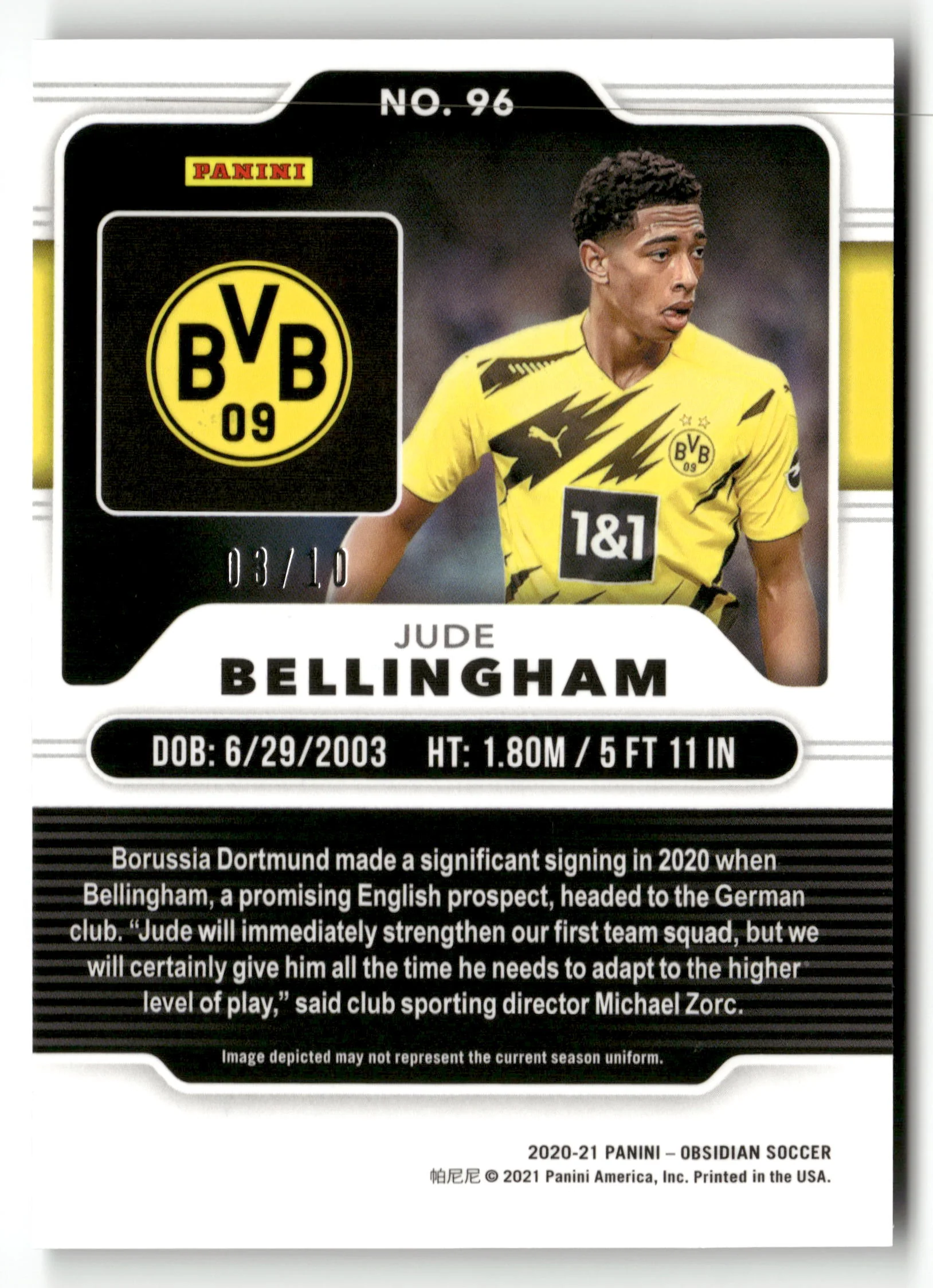 2020-21 Panini Obsidian Soccer #96 Jude Bellingham Electric Etch Yellow #/10 Colour Match - Image 2