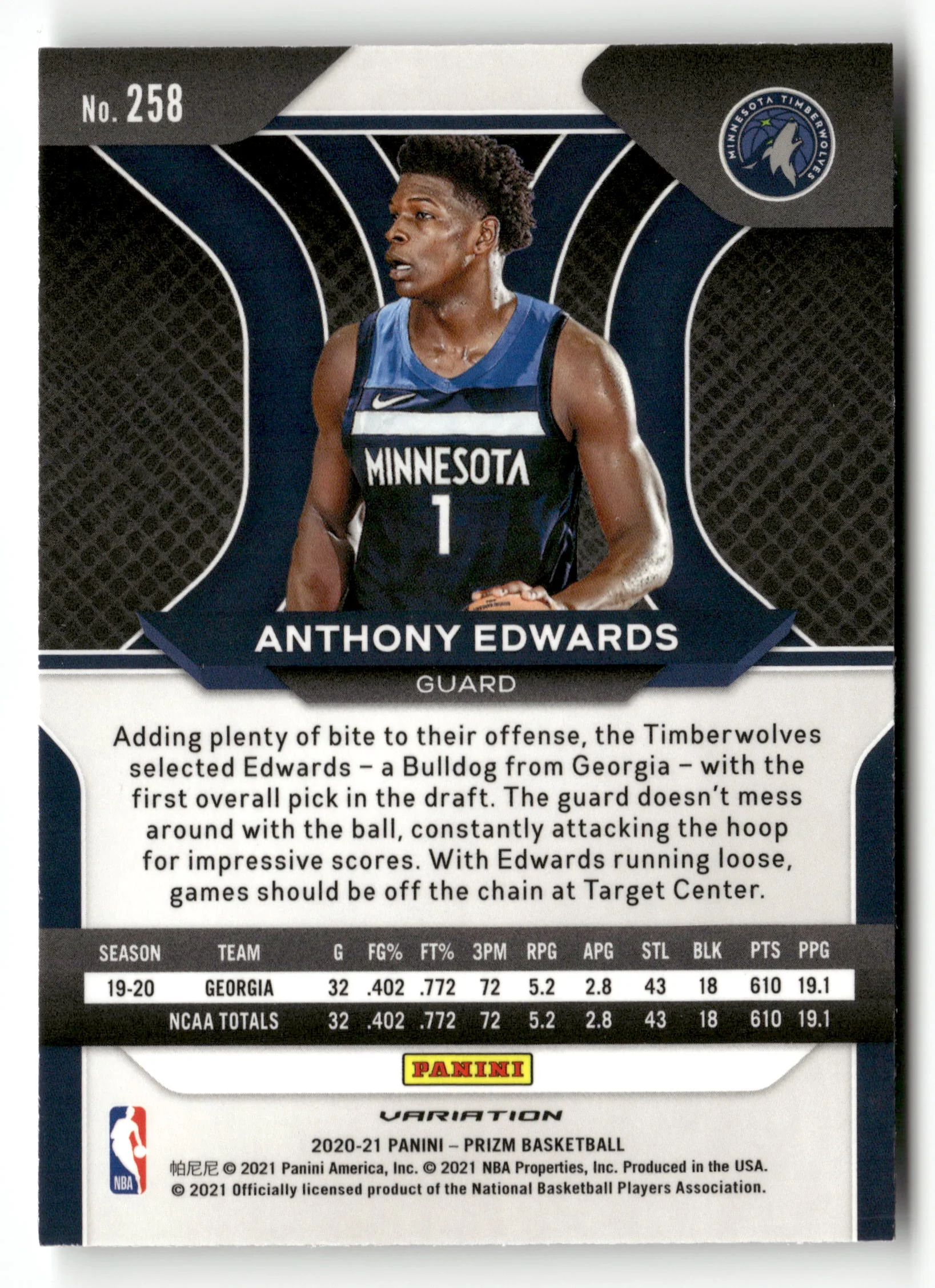 2020-21 Panini Prizm #258b Anthony Edwards Rookie Variation - Image 2