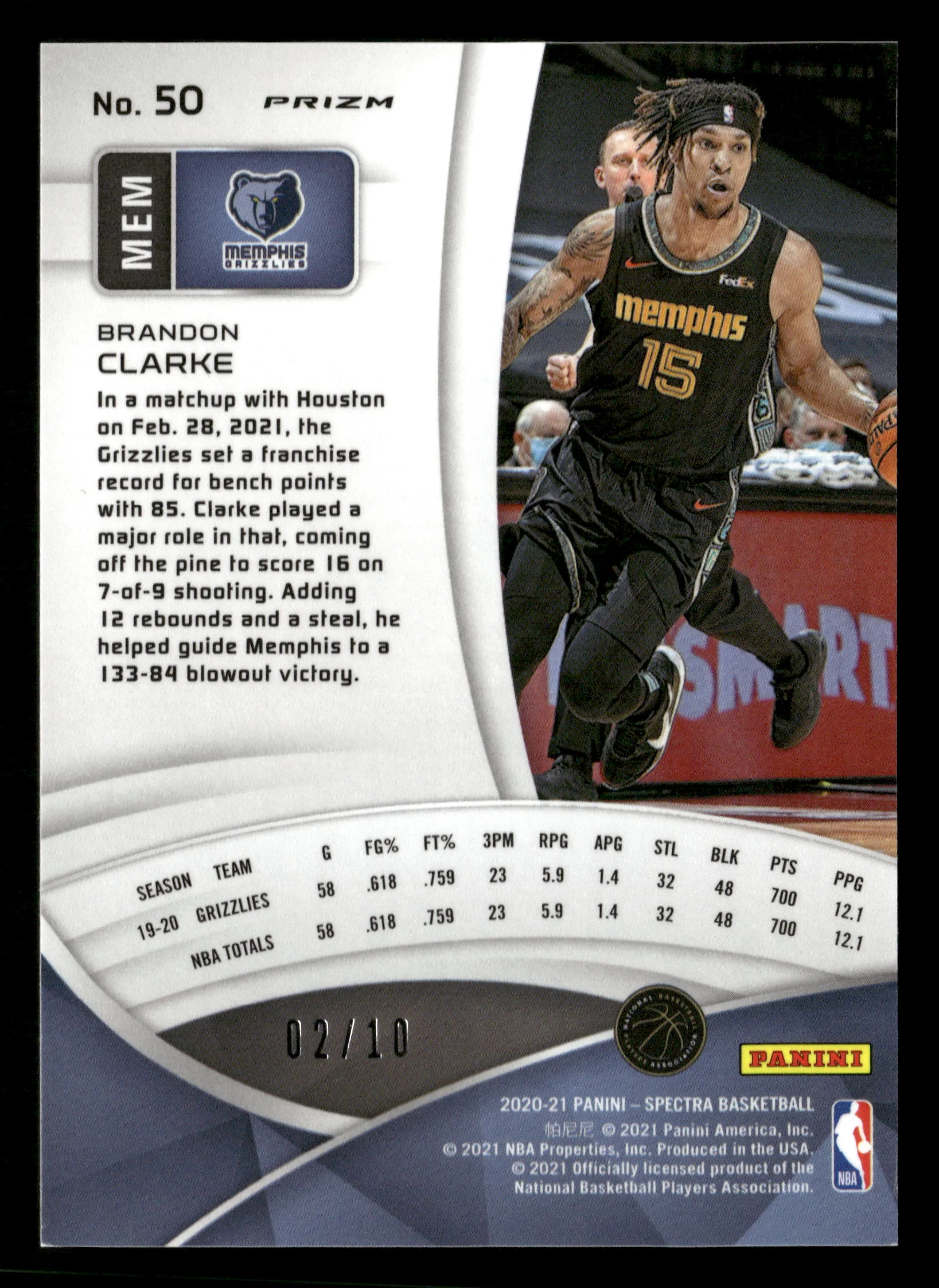 2020-21 Panini Spectra #50 Brandon Clarke Gold #/10 - Image 2