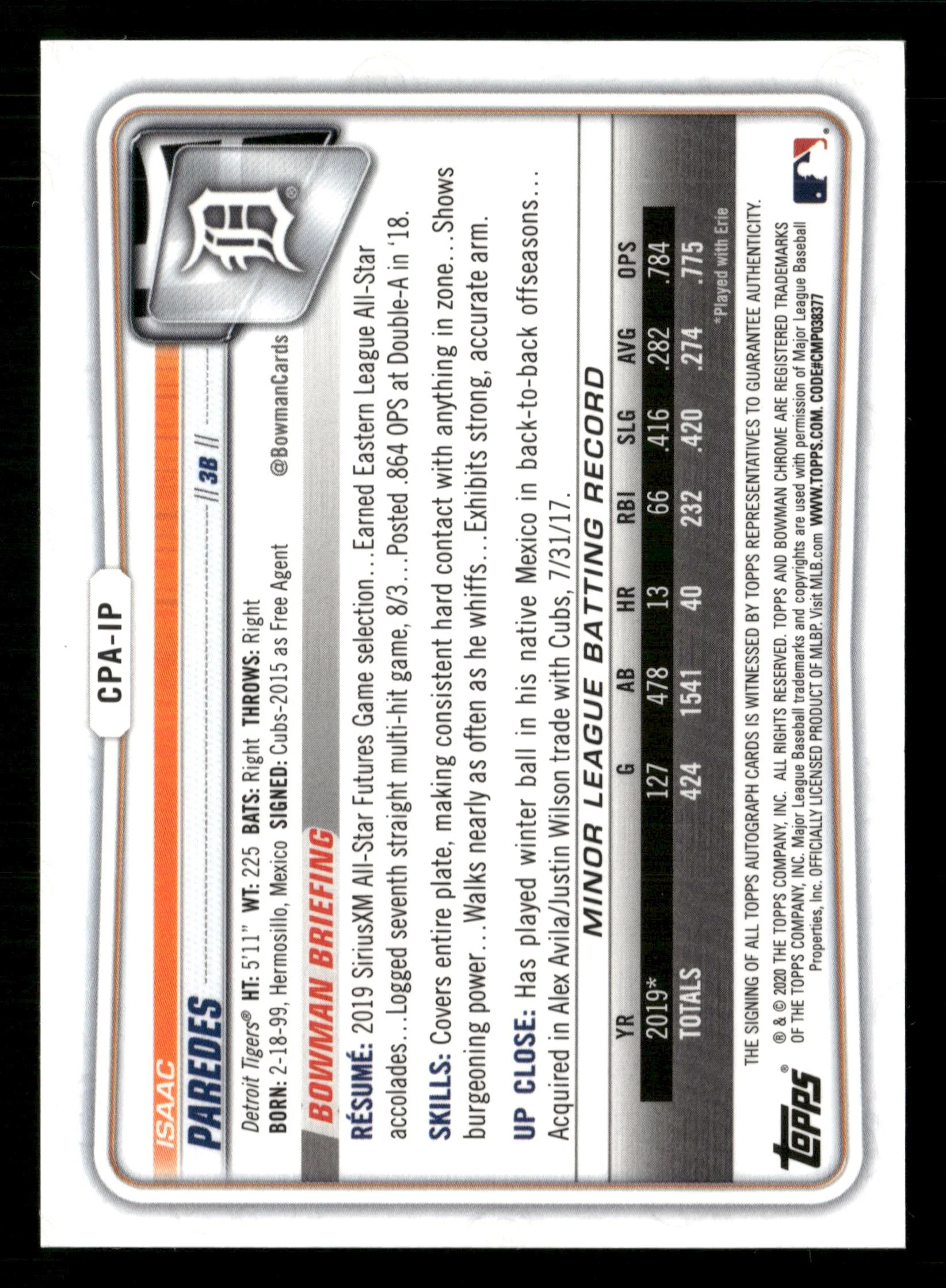 2020 Bowman Chrome #CPA-IP Isaac Paredes Prospect Autographs - Image 2