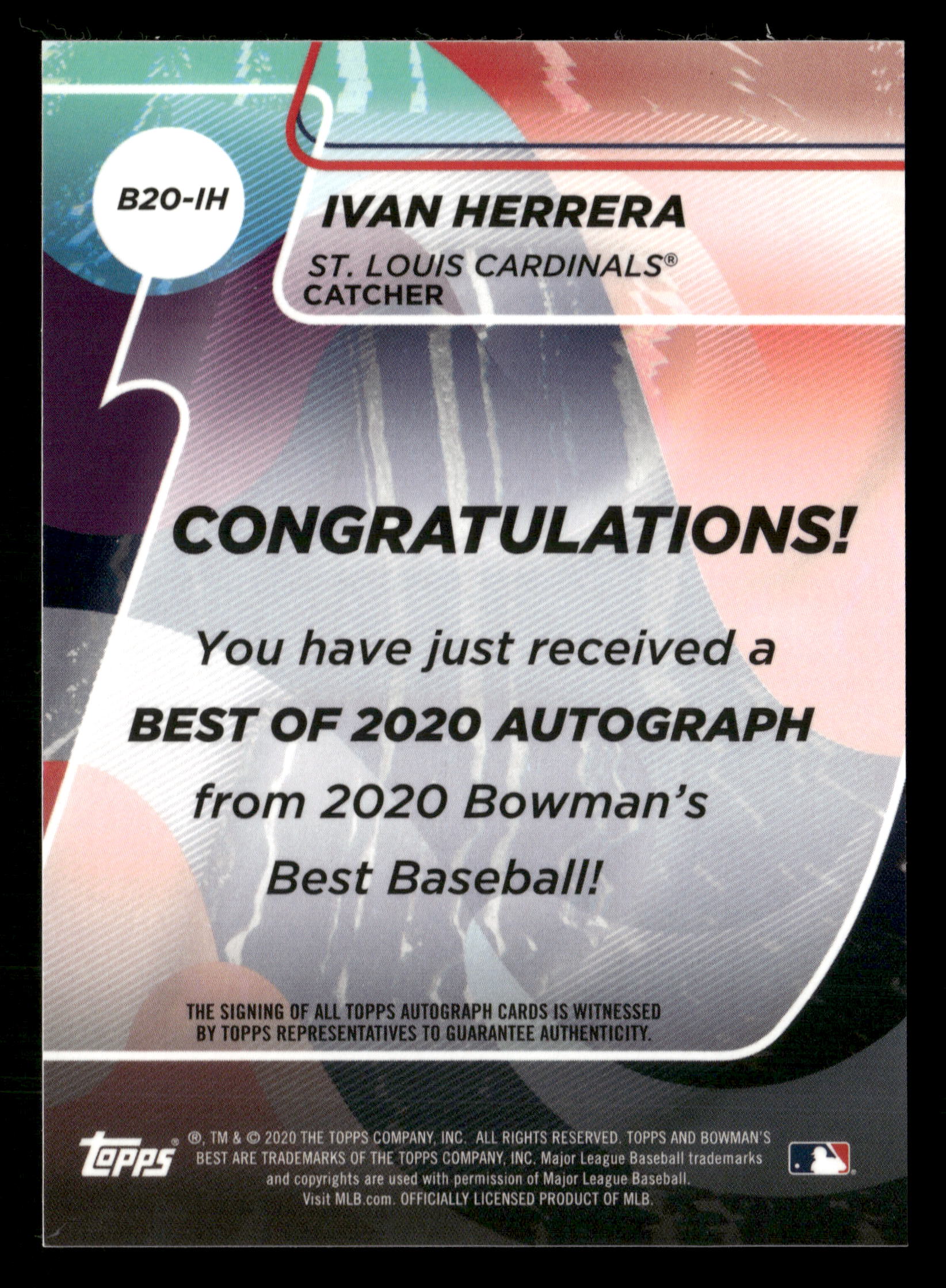 2020 Bowman's Best #B20-IH Ivan Herrera Best of 2020 Autographs - Image 2