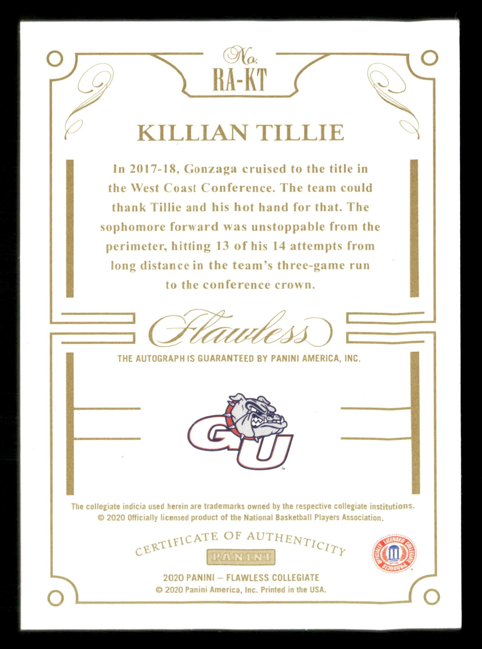 2020 Flawless Collegiate #RA-KT Killian Tillie Rookie Autographs Gold #/10 - Image 2