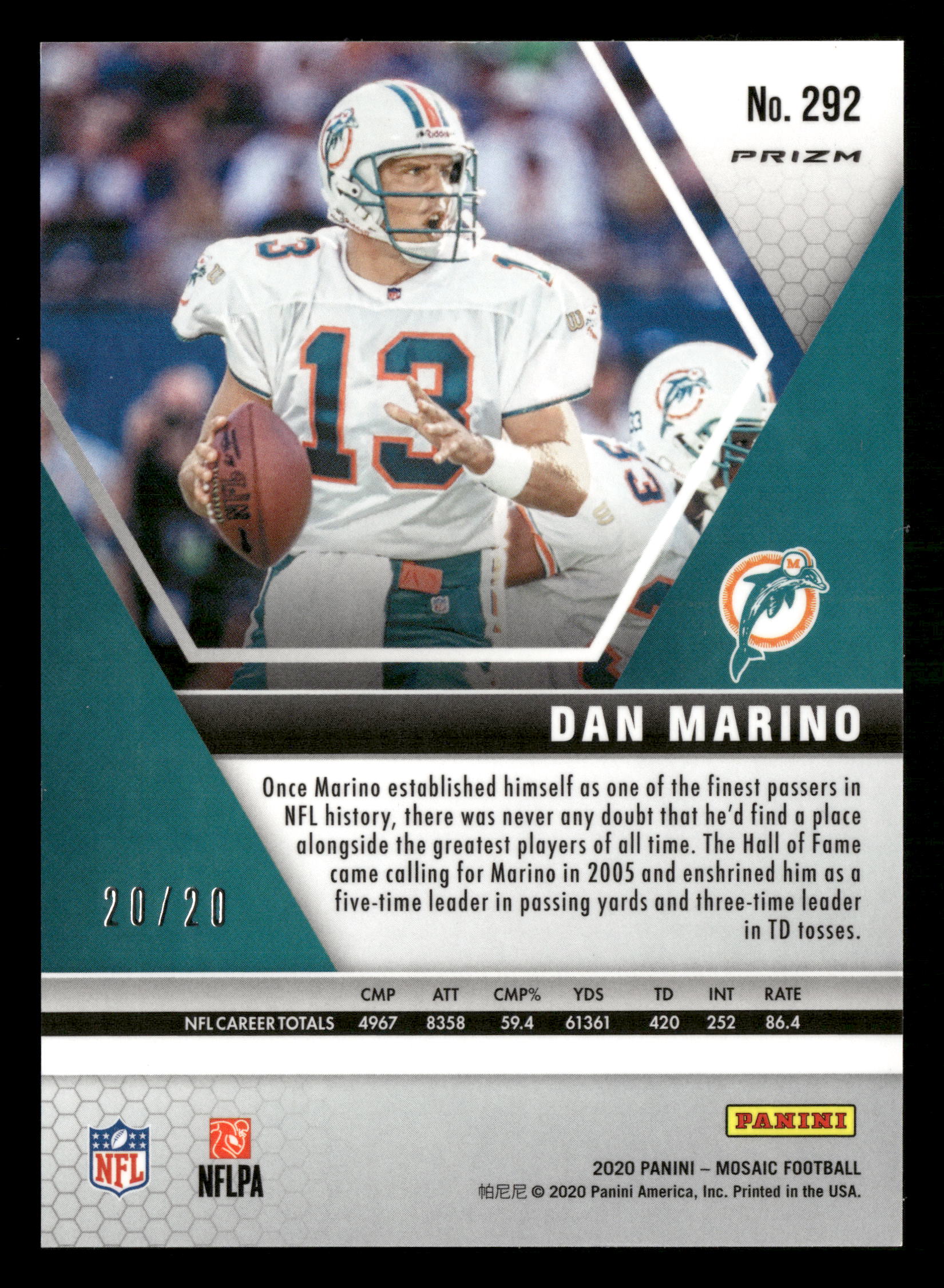 2020 Mosaic #292 Hall of Fame Yellow Prizm Dan Marino /20 - Image 2