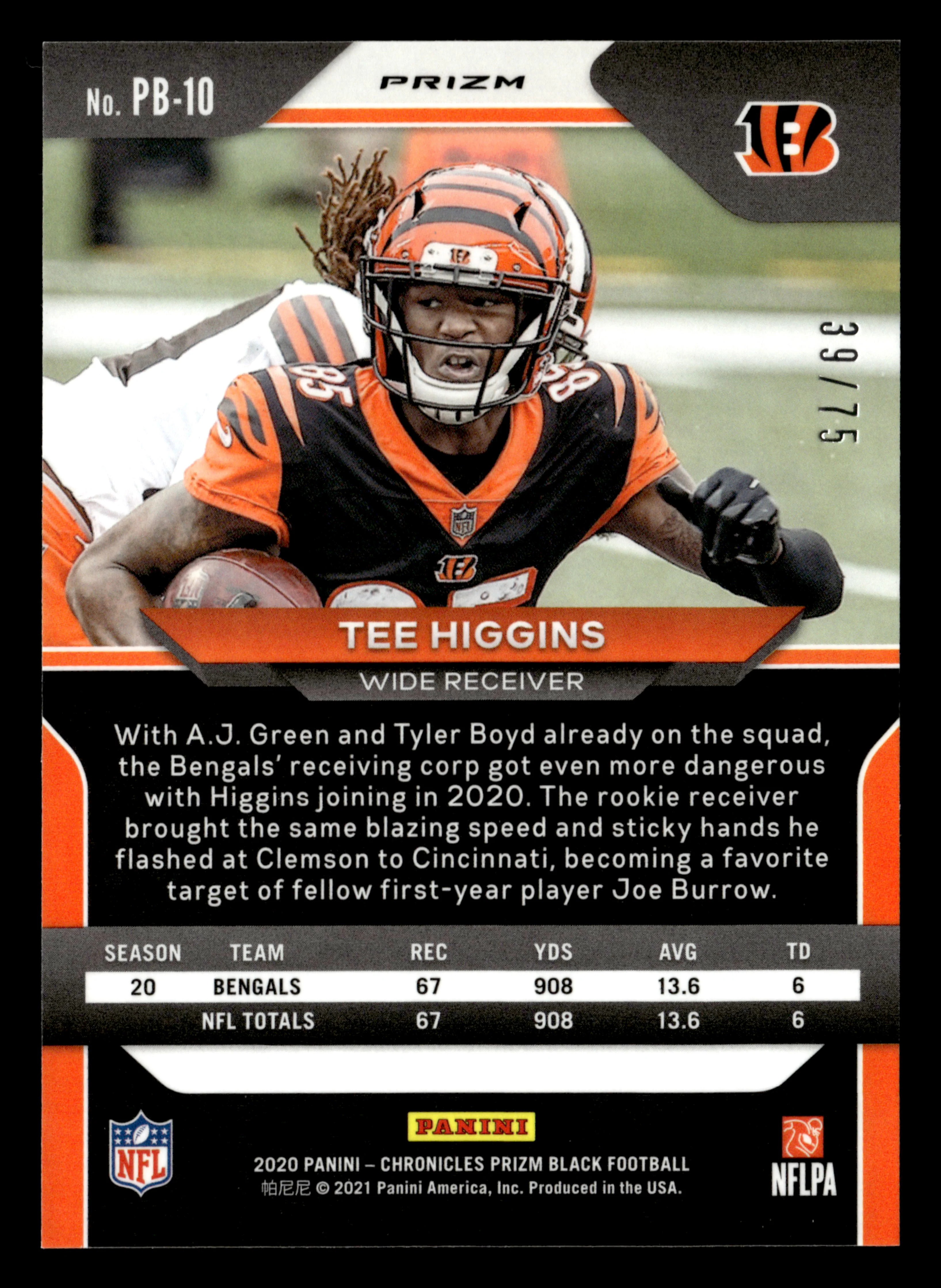 2020 Panini Chronicles #PB-10 Tee Higgins Prizm Black Orange #/75 - Image 2