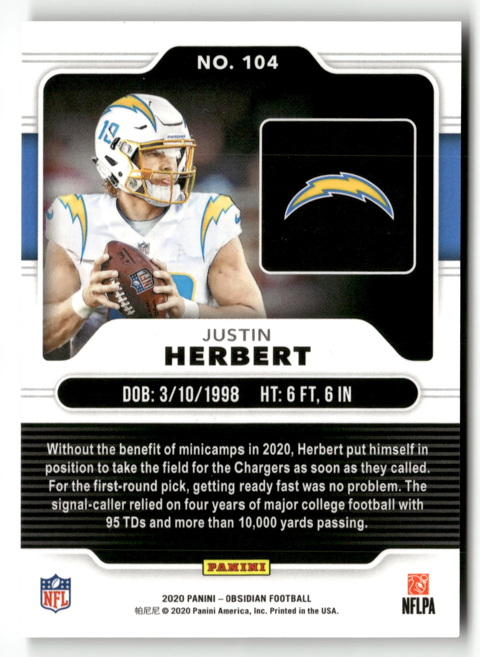 2020 Panini Obsidian #104 Justin Herbert RC - Image 2