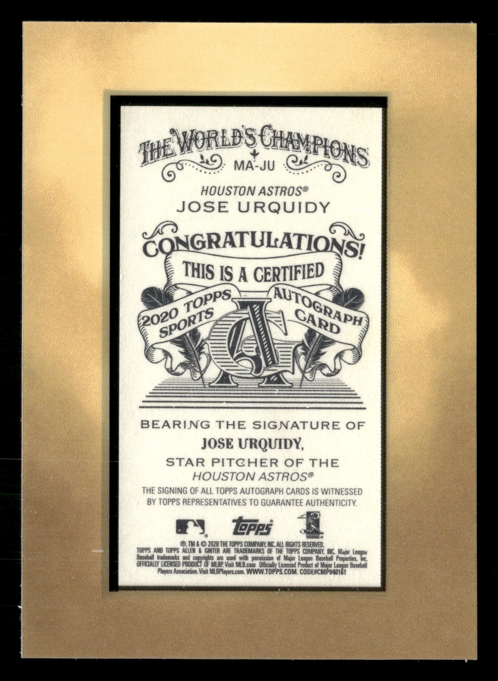 2020 Topps Allen & Ginter #MA-JU Jose Urquidy Mini Framed Baseball Autographs - Image 2