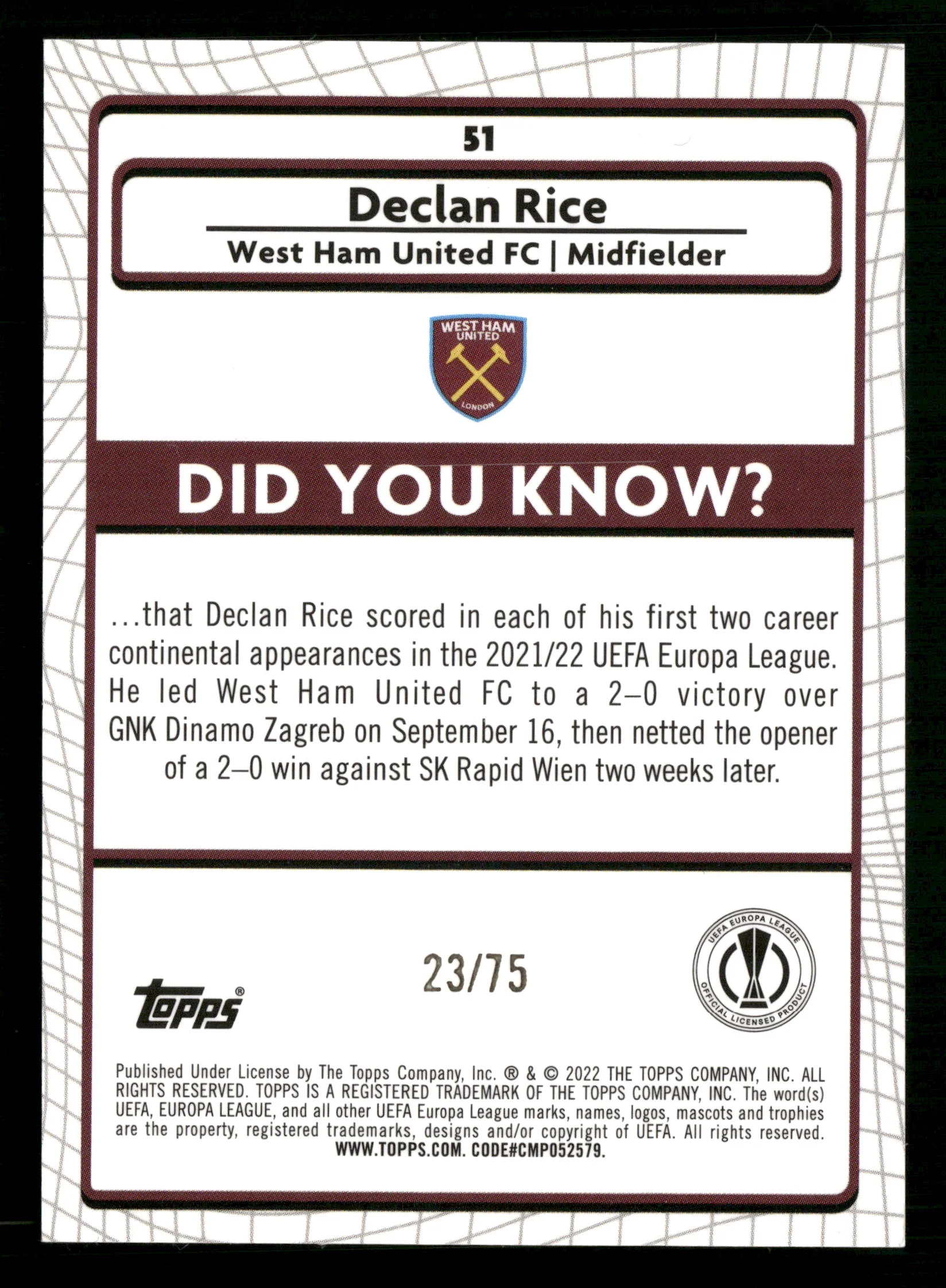 2021-22 Merlin UEFA Champions League #51 Declan Rice Blue Refractor #/75 - Image 2