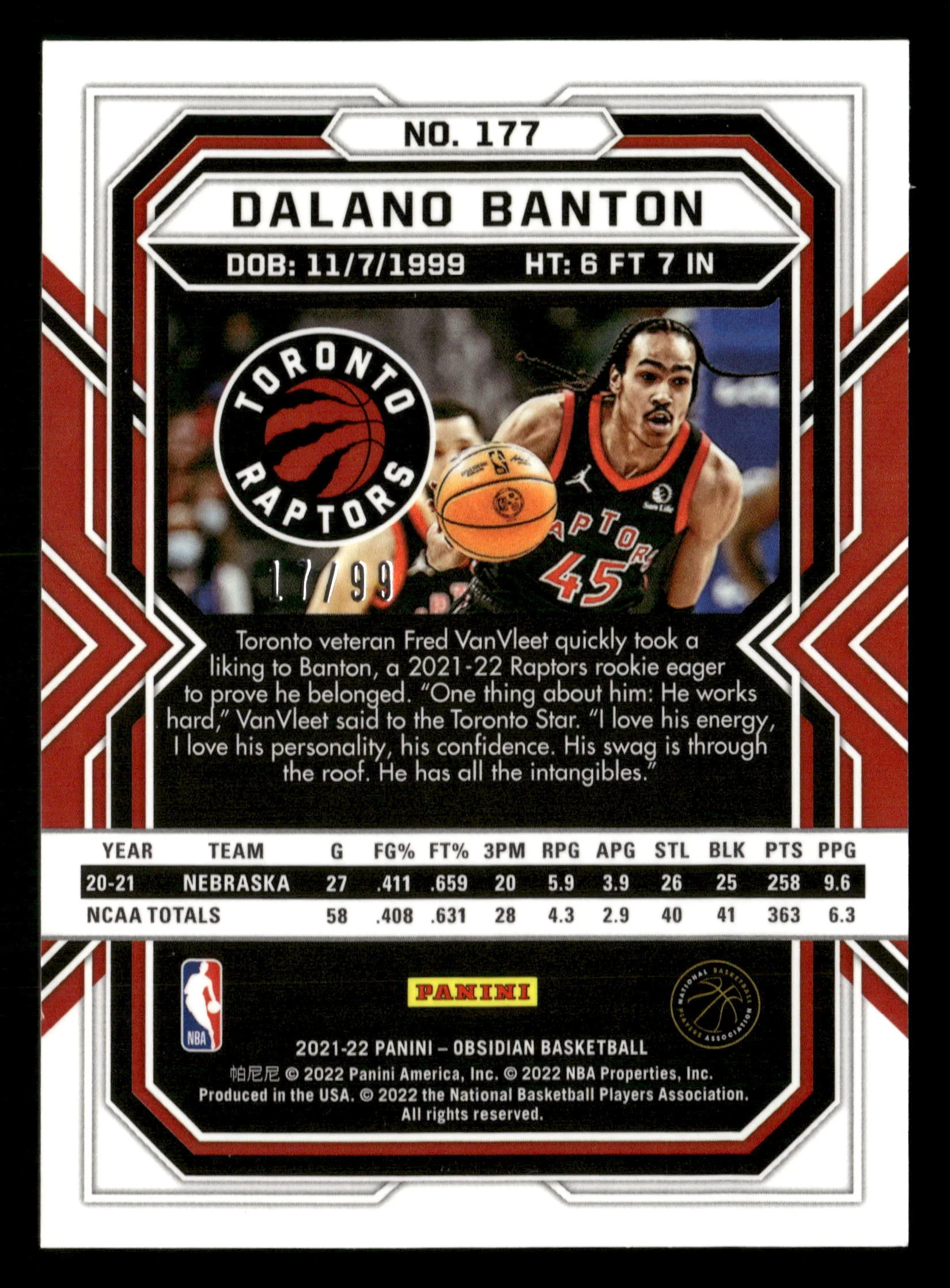 2021-22 Obsidian #177 Dalano Banton Electric Etch Red Yellow Green Flood RC #/99 - Image 2