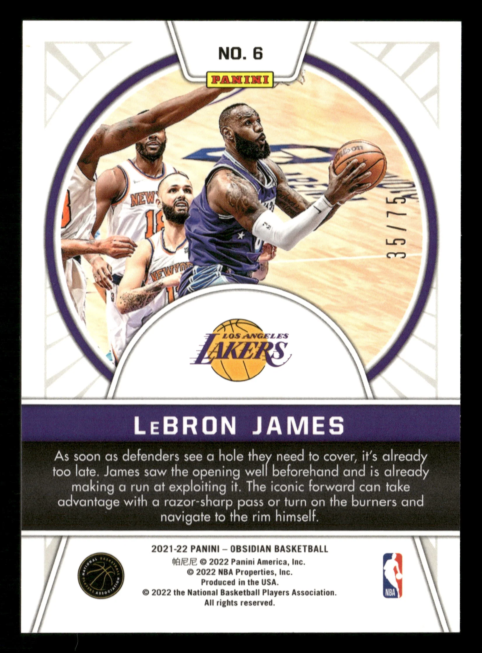 2021-22 Obsidian #6 LeBron James Tunnel Vision Electric Etch Purple /75 - Image 2