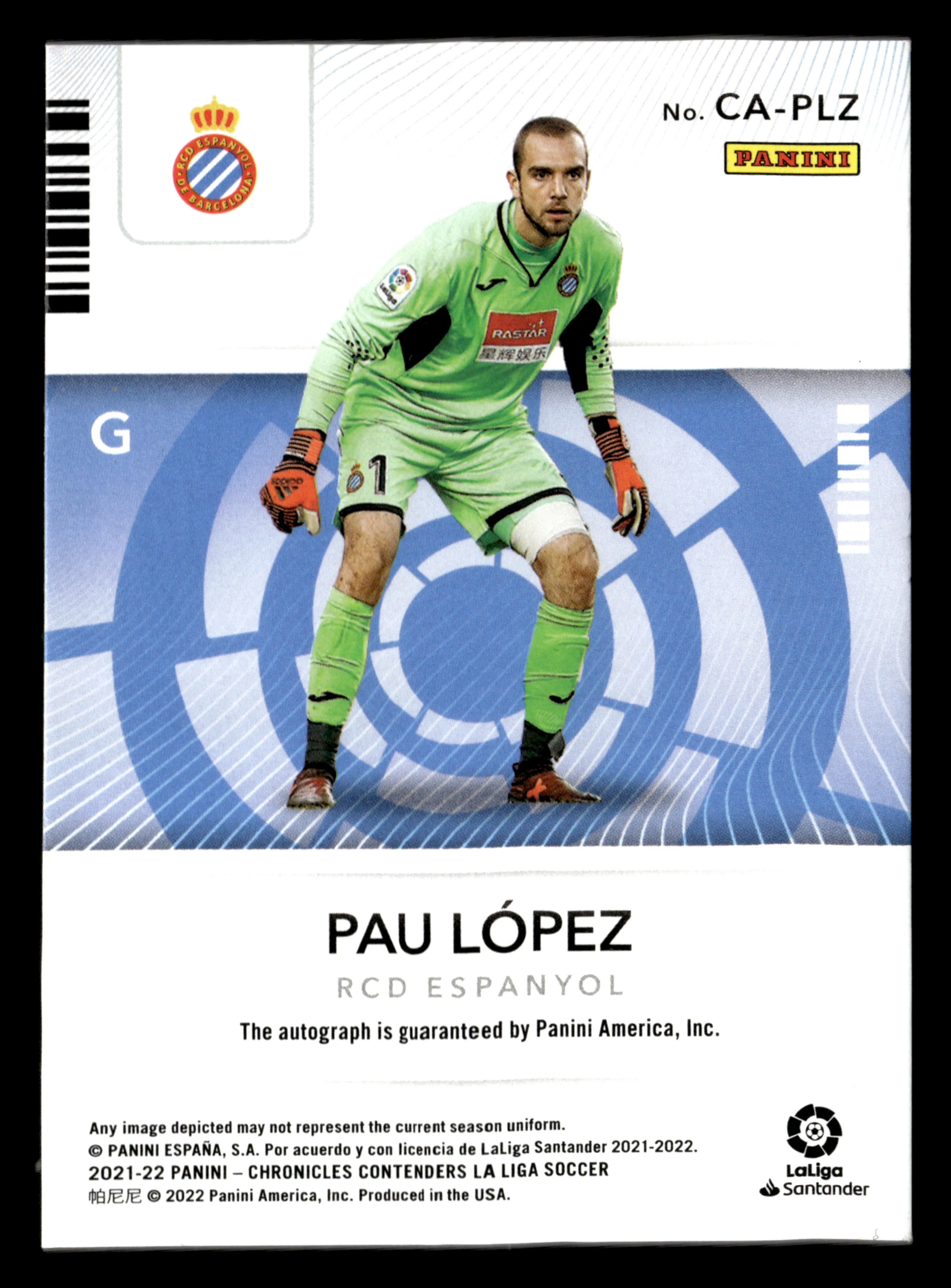 2021-22 Panini Chronicles #CA-PLZ Pau Lopez Contenders Autographs La Liga #/389 - Image 2